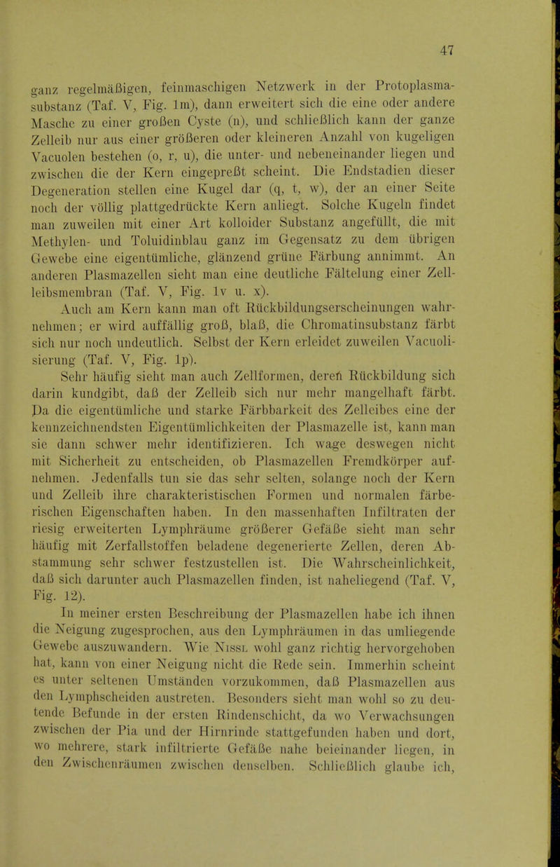 ganz regelmaBigen, feinmaschigen Netzwerk in der Protoplasma- substanz (Taf. V, Fig. lm), dann erweitert sich die eine oder andere Masche zu einer grofien Cyste (n), und schlieBlich kann der ganze Zelleib nur aus einer groBeren oder kleineren Anzahl von kugeligen Vacuolen bestehen (o, r, u), die unter- und nebeneinander liegen und zwischen die der Kern eingepreflt scheint. Die Endstadien dieser Degeneration stellen eine Kugel dar (q, t, w), der an einer Seite noch der vollig plattgedruckte Kern anliegt. Solche Kugeln findet man zuweilen rnit einer Art kolloider Substanz angefullt, die mit Methylen- und Toluidinblau ganz im Gegensatz zu dem ubrigen Gewebe eine eigentttmliche, glanzend griine Farbung annimmt. An anderen Plasmazellen sieht man eine deutliche Faltelung einer Zell- leibsmembran (Taf. V, Fig. lv u. x). Audi am Kern kann man oft Ruckbildungserscheinungen wahr- nehmen; er wird auffallig groB, blaB, die Chroma tinsubstanz farbt sich nur noch undeutlich. Selbst der Kern erleidet zuweilen Vacuoli- sierung (Taf. V, Fig. lp). Sehr haufig sieht man auch Zellformen, deren Riickbildung sich darin kundgibt, daB der Zelleib sich nur mehr mangelhaft farbt. Da die eigentumliche und starke Farbbarkeit des Zelleibes eine der kennzeichnendsten Eigentiimlichkeiten der Plasmazelle ist, kann man sie dann schwer mehr identifizieren. Ich wage deswegen nicht mit Sicherheit zu entscheiden, ob Plasmazellen FremdkOrper auf- nehmen. Jedenfalls tun sie das sehr selten, solange noch der Kern unci Zelleib ihre charakteristischen Formen und normalen farbe- rischen Eigenschaften haben. In den massenhaf'ten [nfiltraten der riesig erweiterten Lymphraume groBerer GefaBe sieht man sehr haufig mit Zerfallstoffen beladene degenerierte Zellen, deren Ab- stammung sehr schwer festzustellen ist. Die Wahrscheinlichkeit, daB sich darunter auch Plasmazellen finden, ist naheliegend (Taf. V, Fig. 12). In meiner ersten Beschreibung der Plasmazellen habe ich ihnen die Xeigung zugesprochen, aus den Lymphraumen in das umliegende Gewebe auszuwandern. Wie Nissl wohl ganz richtig hervorgehoben nat, kann von einer Neigung nicht die llede sein. Immerhin scheint es unter seltenen Umstanden vorzukommen, daB Plasmazellen aus den Lympbscheiden austreten. Besonders sieht man wohl so zu deu- tende Befunde in der ersten Rindenschicht, da wo Verwachsungen zwisehen der Pia und der Birnrinde stattgefunden haben und dort, wo mehrere, stark infiltrierte GefaBe nahe beieinander liegen, in den Zwischenraumen zwischen denselben, SchlieBlich glaube ich,
