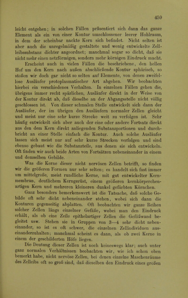 leicht entgehen; in solchen Fallen prasentiert sich dann das ganze Element als ein von einer Kontur umschlossener leerer Hohlraum, in dem der scheinbar nackte Kern sich befindet. Nicht selten ist aber auch die unregelmaBig gestaltete und wenig entwickelte Zell- leibssubstanz dichter aDgeordnet; manchmal sogar so dicht, daB sie nicht mehr einen netzformigen, sondern mehr kornigen Eindruck macht. Erscheint auch in vielen Fallen die beschriebene, den hellen Hof um den Kern nach auBen abschlieBende Kontur spharisch, so stoBen wir doch gar nicht so selten auf Elemente, von denen zweifel- lose Auslaufer protoplasmatischer Art abgehen. Wir beobachten hierbei ein verschiedenes Verhalten. In einzelnen Fallen gehen die, iibrigens immer recht sparlichen, Auslaufer direkt in der Weise von der Kontur direkt ab, daB dieselbe an der Abgangsstelle nicht vollig geschlossen ist. Von dieser schmalen Stelle entwickelt sich dann der Auslaufer, der im iibrigen den Auslaufern nonnaler Zellen gleicht und meist nur eine sehr kurze Strecke weit zu verfolgen ist. Sehr haufig entwickelt sich aber auch der eine oder andere Fortsatz direkt aus den dem Kern direkt anliegenden Substanzportionen und durch- bricht an einer Stelle einfach die Kontur. Auch solche Auslaufer lassen sich meist nur auf sehr kurze Strecken verfolgen und sind ebenso gebaut wie die Substanzteile, aus denen sie sich entwickeln. Oft finden wir auch beide Arten von Fortsatzen nebeneinander in einem und demselben Gebilde. Was die Kerne dieser nicht nervosen Zellen betrifft, so finden wir die groBeren Form en nur sehr selten; es handelt sich fast immer um mittelgroBe, meist rundliche Kerne, mit gut entwickelter Kern- membran, deutlichem Kerngeriist, einem groBeren kernkorperchen- artigen Kern und mehreren kleineren dunkel gefarbten Kornchen. Ganz besonders bemerkenswert ist die Tatsache, daB solche Ge- bilde oft sehr dicht nebeneinander stehen, wobei sich dann die Konturen gegenseitig abplatten. Oft beobachten wir ganze Reihen solcher Zellen langs einzelner GefaBe, wobei man den Eindruck erhalt, als ob eine Zeile epithelartiger Zellen die GefaBwand be- gleitet usw. Stehen sie in Gruppen von 3—4 sehr dicht neben- einander, so ist es oft schwer, die einzelnen Zellindividuen aus- einanderzuhalten; manchmal scheint es dann, als ob zwei Kerne in einem der geschilderten Hofe liegen. Die Deutung dieser Zellen ist noch keineswegs klar; auch unter ganz normalen Verhaltnissen beobachten wir, wie ich schon oben bemerkt habe, nicht nervose Zellen, bei denen einzelne Maschenraume des Zelleibs oft so groB sind, daB dieselben den Eindruck eines groBen