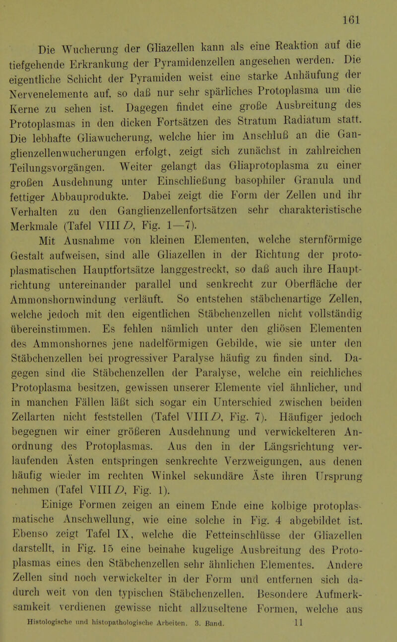 Die Wucherung der Gliazellen kann als eine Reaktion auf die tiefgehende Erkrankimg der Pyramidenzellen angeselien werden. Die eigentliche Schicht der Pyraniiden weist eine starke Anhaiifung der Nervenelemente auf. so daB nur sehr sparliches Protoplasma iiiii die Kerne zu sehen ist. Dagegen findet eine groBe Ausbreitung des Protoplasmas in den dicken Fortsatzen des Stratum Radiatum statt. Die lebhafte Gliawucherung, welclie hier im Ansclilui^ an die Gan- glienzellenwucherungen erfolgt, zeigt sich zuiUichst in zalilreichen Teilungsvorgangen. Weiter gelangt das Gliaprotoplasnia zu einer groBen Ausdehnung unter EinschlieBung basopliiler Granula und fettiger Abbauprodukte. Dabei zeigt die Form der Zellen und ihr Verhalten zu den Ganglienzellenfortsatzen sehr charakteristische Merkmale (Tafel VIIIA Fig. 1—7). Mit Ausnahme von kleinen Elementen, welche sternformige Gestalt aufweisen, sind alle Gliazellen in der Richtung der proto- plasmatisclien Hauptfortsatze langgestreckt, so daB auch ihre Haupt- richtung untereinander parallel und senkrecht zur Oberflaclie der Ammonshornwindung verlauft. So entstehen stabclienartige Zellen, welche jedoch mit den eigentlichen Stiibchenzellen nicht vollstandig iibereinstimmen. Es fehlen namlich unter den gliosen Elementen des Ammonshornes jene nadelformigen Gebilde, wie sie unter den Stabchenzellen bei progressiver Paralyse haufig zu finden sind. Da- gegen sind die Stabchenzellen der Paralyse, welche ein reichliches Protoplasma besitzen, gewissen unserer Elemente viel ahnlicher, und in manchen Fallen laBt sich sogar ein Unterschied zwischen beiden Zellarten nicht feststellen (Tafel VIIIZ>, P'ig. 7). Hiiufiger jedoch begegnen wir einer groBeren Ausdehnung und verwickelteren An- ordnung des Protoplasmas. Aus den in der Langsrichtung ver- laufenden Asten entspringen senkrechte Verzweigungen, aus denen haufig wieder im rechten Winkel sekundiire Aste iliren Ursprung nehmen (Tafel Villi), Fig. 1). Einige Formen zeigen an einem Ende eine kolbige protoplas- matisclie Anschwellung, wie eine solche in Fig. 4 abgebildet ist. Ebenso zeigt Tafel IX, welche die Fetteinschliisse der Gliazellen darstellt, in Fig. 15 eine beinahe kugelige Ausbreitung des Proto- plasmas eines den Stabchenzellen sehr ahnlichen Elementes. Andere Zellen sind noch verwickelter in der Form und entfernen sich da- durch weit von den tyi)ischen Stabchenzellen. Besondere Aufmerk- samkeit verdienen gewisse nicht allzuseltene Formen, welche aus Histologische und histopathologisclie Aibciton. 3. Band. 11