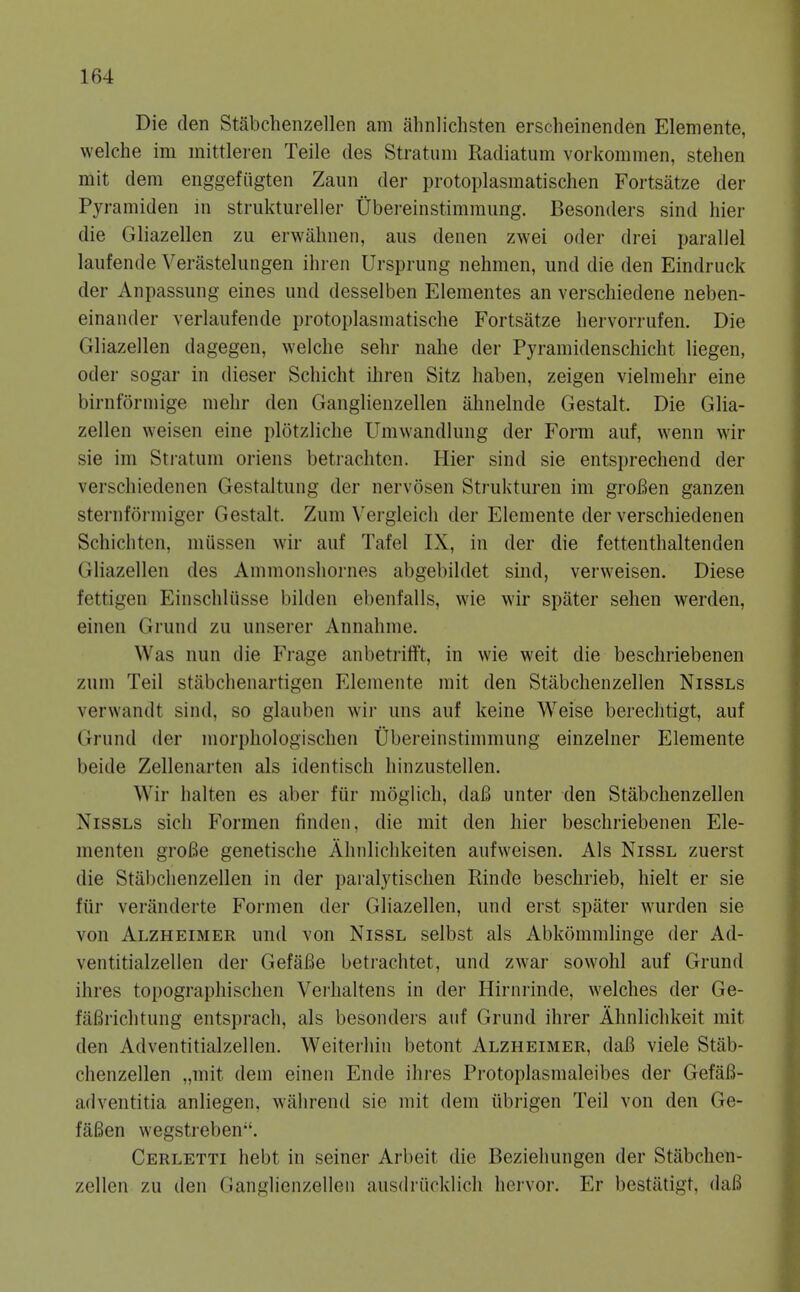 Die den Stabchenzellen am ahnlichsten erscheinenden Elemente, welche im mittleren Teile des Stratum Radiatum voikommen, stehen mit dera enggefiigten Zaun der protoplasmatischen Fortsatze der Pyramiden in struktureller tjbereinstimmimg. Besonders sind hier die Gliazellen zu erwiihnen, aus deiien zwei oder drei parallel laufende Verastelungen ihren Ursprung nehmen, und die den Eindruck der Anpassung eines und desselben Elementes an verscliiedene neben- einander verlaufende protoplasmatisclie Fortsatze liervorrufen. Die Gliazellen dagegen, welche sehr nahe der Pyramidenschicht liegen, Oder sogar in dieser Schicht ihren Sitz haben, zeigen vielmehr eine birnformige niehr den Ganglienzellen ahnelnde Gestalt. Die Glia- zellen weisen eine plotzliche Umwandlung der Form auf, wenn wir sie im Stjatum oriens betrachton. Hier sind sie entsprechend der verschiedenen Gestaltung der nervosen Strukturen im groBen ganzen sternformiger Gestalt. Zum Vergleich der Elemente der verschiedenen Schichten, miissen wir auf Tafel IX, in der die fettenthaltenden Gliazellen des Ammonshornes abgebildet sind, verweisen. Diese fettigen Einschliisse bilden ebenfalls, wie wir spater sehen werden, einen Grund zu unserer Annahme. Was nun die Frage anbetrifft, in wie weit die beschriebenen zum Teil stabchenartigen Elemente mit den Stabchenzellen Nissls verwandt sind, so glauben wir uns auf keine Weise berechtigt, auf Grund der inorphologischen Ubereinstimmung einzelner Elemente beide Zellenarten als identisch liinzustellen. Wir halten es aber fiir moglich, da6 unter den Stabchenzellen NissLS sicli Formen finden, die mit den hier beschriebenen Ele- menten grofie genetisclie Ahnlichkeiten aufweisen. Als Nissl zuerst die Stabchenzellen in der paralytischen Rinde beschrieb, hielt er sie fur veranderte Formen der Gliazellen, und erst spater wurden sie von Alzheimer und von Nissl selbst als Abkommlinge der Ad- ventitialzellen der GefiiBe betrachtet, und zwar sowohl auf Grund ihres topographischen Vei'haltens in der Hirnrinde, welches der Ge- fafirichtung entsprach, als besonders atif Grund ihrer Ahnlichkeit mit den Adventitialzellen. Weiterhin betont Alzheimer, daB viele Stab- chenzellen „mit dem eineu Ende ihres Protoplasmaleibes der GefaB- adventitia anliegen, willirend sie mit dem iibrigen Teil von den Ge- faBen wegstreben. Cerletti hebt in seiner Arbeit die Beziehungen der Stabchen- zellen zu den Ganglienzellen ausdriicklich hervor. Er bestittigt, dafi