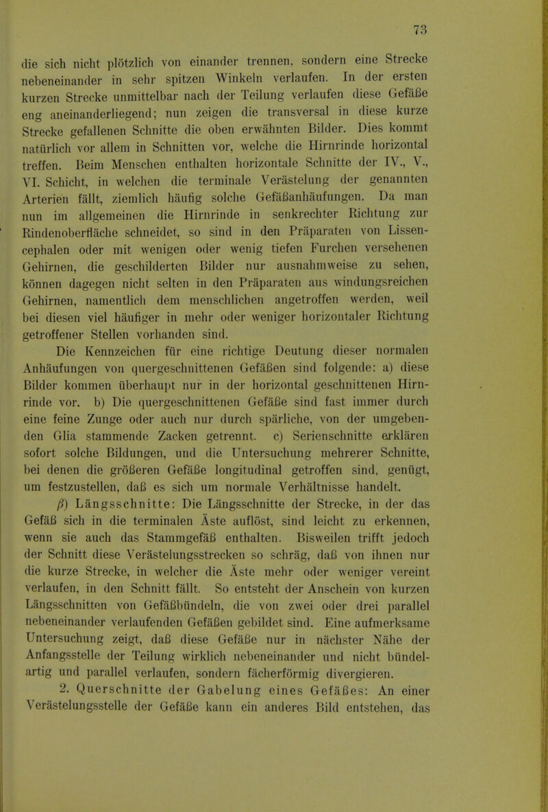 die sich nicht plotzlich von einander trennen. sondern eine Strecke nebeneinander in sehr spitzen Winkeln verlaufen. In der ersten kurzen Strecke unmittelbar nach der Teilung verlaufen diese GefaBe eng aneinanderliegend; nun zeigen die transversal in diese kurze Strecke gefallenen Schnitte die oben erwahnten Bilder. Dies kommt naturlich vor allem in Schnitten vor, welche die Hirnrinde horizontal treffen. Beim Menschen enthalten horizontale Schnitte der IV., V., VI. Schicht, in welchen die terminale Verastelung der genannten Arterien fallt, ziemlich haufig solche GefaBanhaufungen. Da man nun im allgemeinen die Hirnrinde in senkrechter Richtung zur Rindenobertiache schneidet, so sind in den Praparaten von Lissen- cephalen oder mit wenigen oder wenig tiefen Furchen versehenen Gehirnen, die geschilderten Bilder nur ausnahmweise zu sehen, konnen dagegen nicht selten in den Praparaten aus windungsreichen Gehirnen, namentlich dem menschlichen angetroffen werden, weil bei diesen viel haufiger in mehr oder weniger horizontaler Richtung getroffener Stellen vorhanden sind. Die Kennzeichen fiir eine richtige Deutung dieser norinalen Anhaufungen von quergeschnittenen GefaBen sind folgende: a) diese Bilder kommen iiberhaupt nur in der horizontal geschnittenen Hirn- rinde vor. b) Die quergeschnittenen GefaBe sind fast immer durch eine feine Zunge oder auch nur durch sparliche, von der umgeben- den Glia stammende Zacken getrennt. c) Serienschnitte arklaren sofort solche Bildungen, und die Untersuchung mehrerer Schnitte, bei denen die grofieren GefaBe longitudinal getroffen sind, geniigt, um festzustellen, daB es sich urn normale Verlmltnisse handelt, /?) Langsschnitte: Die Langsschnitte der Strecke, in der das GefaB sich in die terminalen Aste auflost, sind leicht zu erkennen, wenn sie auch das StammgefaB enthalten. Bisweilen trifft jedoch der Schnitt diese Verastelungsstrecken so schrag, daB von ihnen nur die kurze Strecke, in welcher die Aste mehr oder weniger vereint verlaufen, in den Schnitt fallt. So entsteht der Anschein von kurzen Langsschnitten von GefaBbiindeln, die von zwei oder drei parallel nebeneinander verlaufenden GefaBen gebildet sind. Eine aufmerksame Untersuchung zeigt, daB diese GefaBe nur in nachster Nahe der Anfangsstelle der Teilung wirklich nebeneinander und nicht bundel- artig und parallel verlaufen, sondern facherformig divergieren. 2. Querschnitte der Gabelung eines GefaBes: An einer Verastelungsstelle der GefaBe kann ein anderes Bild entstehen, das