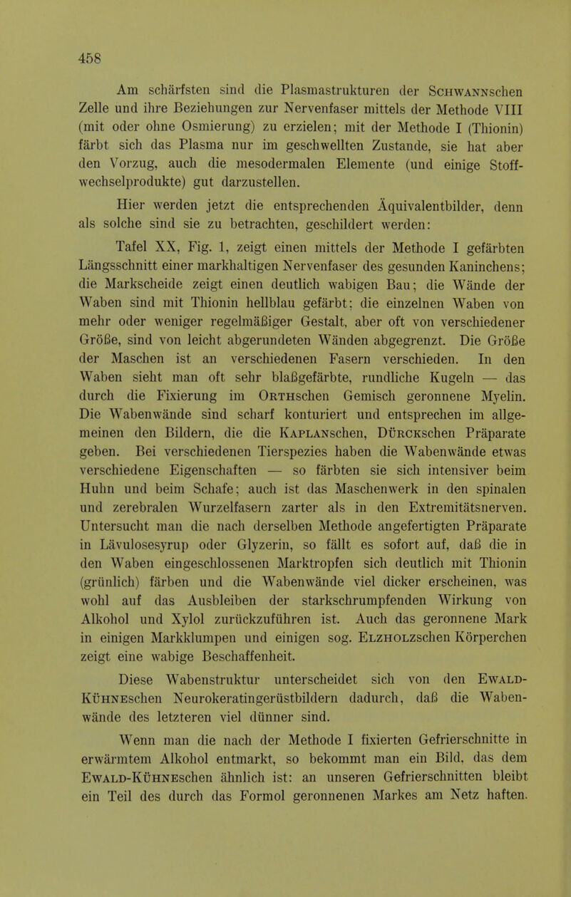 Am scharfsten sind die Plasmastrukturen der ScHWANNSchen Zelle und ihre Beziehungen zur Nervenfaser mittels der Methode VIII (mit oder ohne Osmierung) zu erzielen; mit der Methode I (Thionin) farbt sich das Plasma nur im geschwellten Zustande, sie hat aber den Vorzug, auch die mesodermalen Elemente (und einige Stoff- wechselprodukte) gut darzustellen. Hier werden jetzt die entsprechenden Aquivalentbilder, denn als solche sind sie zu betrachten, geschildert werden: Tafel XX, Fig. 1, zeigt einen mittels der Methode I gefarbten Langsschnitt einer markhaltigen Nervenfaser des gesunden Kaninchens; die Markscheide zeigt einen deutlich wabigen Bau; die Wande der Waben sind mit Thionin hellblau gefarbt; die einzelnen Waben von mehr oder weniger regelmaBiger Gestalt, aber oft von verschiedener GroBe, sind von leicht abgerundeten Wanden abgegrenzt. Die GroBe der Maschen ist an verschiedenen Fasern verschieden. In den Waben sieht man oft sehr blafigefarbte, rundliche Kugeln — das durch die Fixierung im ORTHschen Gemisch geronnene Myelin. Die Wabenwande sind scharf konturiert und entsprechen im allge- meinen den Bildern, die die KAPLANschen, DuRCKschen Praparate geben. Bei verschiedenen Tierspezies haben die Wabenwande etwas verschiedene Eigenschaften — so farbten sie sich intensiver beim Huhn und beim Schafe; auch ist das Maschenwerk in den spinalen und zerebralen Wurzelfasern zarter als in den Extremitatsnerven. Untersucht man die nach derselben Methode angefertigten Praparate in Lavulosesyrup oder Glyzerin, so fallt es sofort auf, dafi die in den Waben eingeschlossenen Marktropfen sich deutlich mit Thionin (griinlich) farben und die Wabenwande viel dicker erscheinen, was wohl auf das Ausbleiben der starkschrumpfenden Wirkung von Alkohol und Xylol zuruckzufiihren ist. Auch das geronnene Mark in einigen Markklumpen und einigen sog. ELZHOLZschen Korperchen zeigt eine wabige Beschaffenheit. Diese WTabenstruktur unterscheidet sich von den Ewald- KuHNEschen Neurokeratingeriistbildern dadurch, daB die Waben- wande des letzteren viel dunner sind. WTenn man die nach der Methode I fixierten Gefrierschnitte in erwarmtem Alkohol entmarkt, so bekommt man ein Bild. das dem EwALD-KuHNEschen ahnlich ist: an unseren Gefrierschnitten bleibt ein Teil des durch das Formol geronnenen Markes am Netz haften.