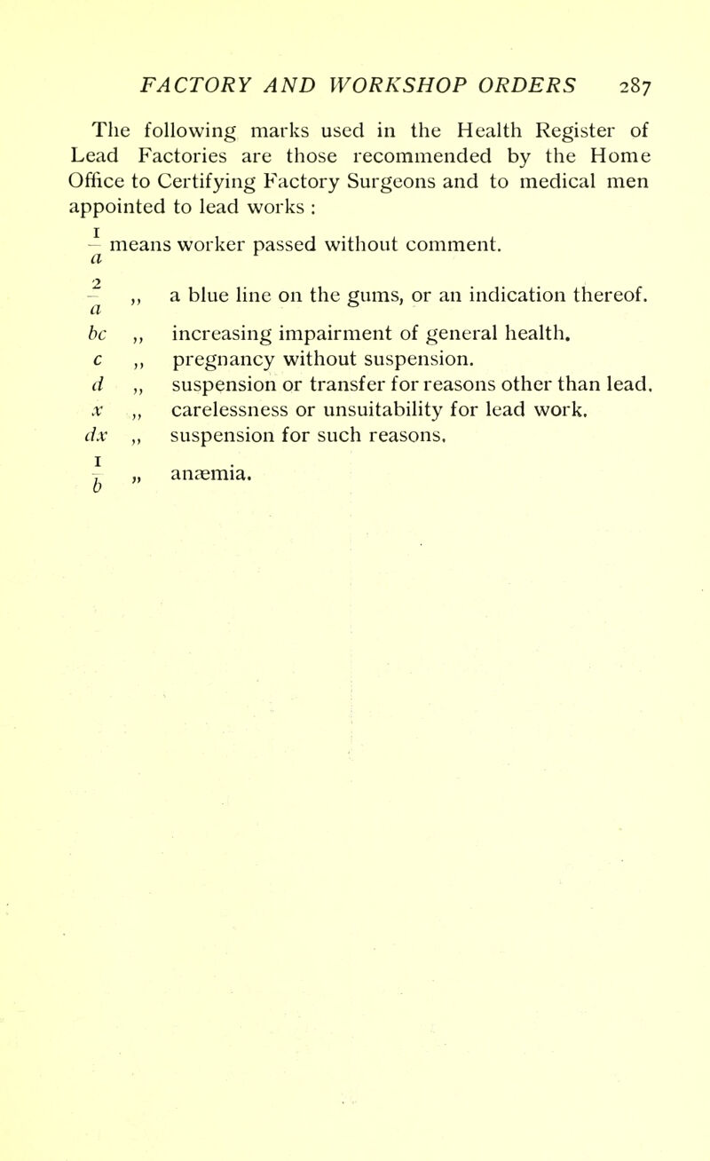 The following marks used in the Health Register of Lead Factories are those recommended by the Home Office to Certifying Factory Surgeons and to medical men appointed to lead works : ~ means worker passed without comment. ,, a blue line on the gums, or an indication thereof. be ,, increasing impairment of general health. c ,, pregnancy without suspension. d ,, suspension or transfer for reasons other than lead. x carelessness or unsuitability for lead work. dx „ suspension for such reasons, 1 . „ anaemia.