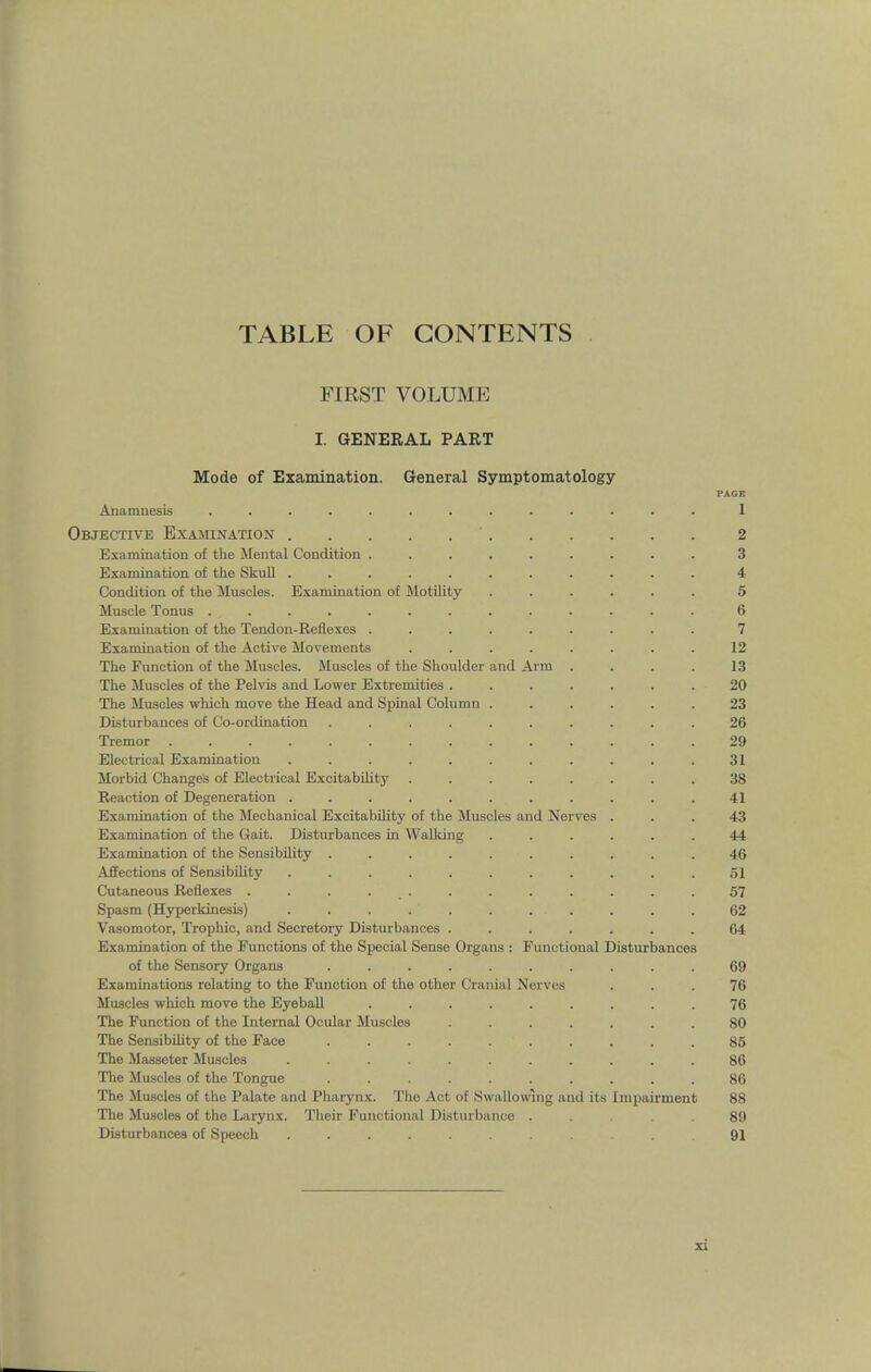 TABLE OF CONTENTS FIRST VOLUME I. GENERAL PART Mode of Examination. General Symptomatology PAGE Anamnesis ............. 1 Objective Examination ' 2 Examination of the Mental Condition ......... 3 Examination of the Skull ........... 4 Condition of the Muscles. Examination of Motility ...... 5 Muscle Tonus ............. 6 Examination of the Tendon-Reflexes ......... 7 Examination of the Active Movements . . . . . . . . 12 The Function of the Muscles. Muscles of the Shoulder and Arm .... 13 The Muscles of the Pelvis and Lower Extremities ....... 20 The Muscles which move the Head and Spinal Column ...... 23 Disturbances of Co-ordination . . . . . . . . . .26 Tremor 29 Electrical Examination ........... 31 Morbid Changes of Electrical Excitability ........ 38 Reaction of Degeneration . . . . . . . . . . 41 Examination of the Mechanical Excitability of the Muscles and Nerves ... 43 Examination of the Gait. Disturbances in Walking ...... 44 Examination of the Sensibility .......... 46 Affections of Sensibility ........... 51 Cutaneous Reflexes . . . . . . . . . . .57 Spasm (Hyperkinesis) . . . . ' . . ... . . . 62 Vasomotor, Trophic, and Secretory Disturbances ....... 64 Examination of the Functions of the Special Sense Organs : Functional Disturbances of the Sensory Organs .......... 69 Examinations relating to the Function of the other Cranial Nerves ... 76 Muscles which move the Eyeball ......... 76 The Function of the Internal Ocular Muscles ....... 80 The Sensibility of the Face .......... 85 The Masseter Muscles ........... 86 The Muscles of the Tongue .......... 86 The Muscles of the Palate and Pharynx. The Act of Swallowing and its Impairment 88 The Muscles of the Larynx. Their Functional Disturbance . . 89 Disturbances of Speech .......... 91