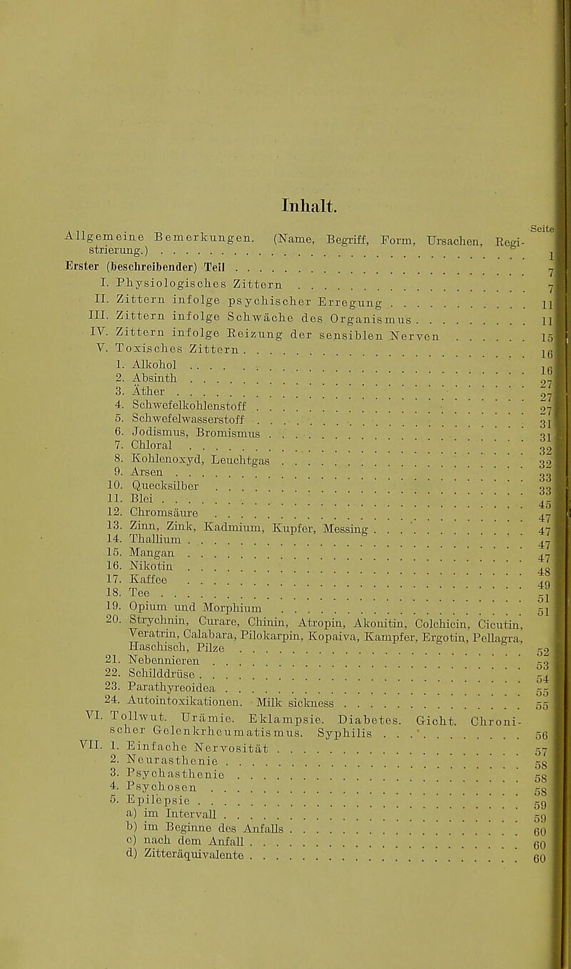 Inhalt. ah -n Seitej AUgememe Bemerkungen. (Name, Begriff, Form, Ursachen, Regi- striermig.) ^ I Erster (besclireibender) Teil 7 I. Physiologisches Zittern <j II. Zittern infolge psycliischer Erregung H III. Zittern infolge Schwache des Organismus 11 IV. Zittern infolge Reizung der sensiblen Nerven I5I V. Toxisches Zittern 16| 1. Alkohol _ lfil 2. Absinth 97| 3. Ather 27l 4. Schwefelkohlenstoff [ 21 5. Schwefelwasserstoff ...... 311 6. Jodismns, Bromismns . . *<i 1 7. Chloral 321 8. Kohlenoxyd, Lenchtgas 32| 9. Arsen ,,| 10. Quecksilber .... 001 11. Biei. ; ; ; ; ;;;;;;;;;;;;;; i5\ 12. Chromsame ^ 13. Zinn, Zink, Kadminm, Knpfer, Messing ...... 47 14. Thalhum 47 L 15. Mcangan ^ I 16. Mkotin ,0 17. Kaffee .... tq 18. Tee 51] 19. Opium und Morphium 51 20. Stiychnin, Curare, Chinin, Atropin, Akonitin, Colchicin, Cicutin, Veratrin, Calabara, Pilokarpin, Kopaiva, Kampfer, Ergotin, Pellagra Haschisch, Pilze 21. Nebennieren . . . 22. Schilddriise . 54! 23. Parathyi-eoidea 5d 24. Autointoxikationen. ■ Milk sickness 55 scher G-elenkrhcumatismus. Syphilis . . .' 5(3 VII. 1. Einfache Nervositat 57 2. Neurasthenie 5S 3. Psychasthenie 5S\ 4. Psychosen 5S 5. Epilepsie ' ' 5g a) im Interval! ' 691 b) im Beginne des Anfalls 60 I c) nach dem Anfall 60 d) Zitteraquivalente 60 52