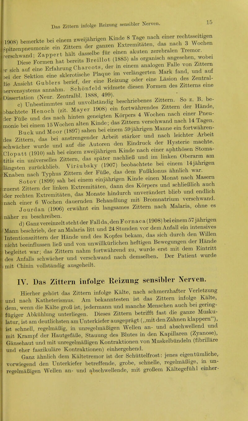 1908) --^^ Jpiteenpneumonie em Zrtternzerebralen Tremor. '^f2I S^ (1885, a!s organisch angesehen, ^ F wKbTrs^rt^ BeTJg 5 eine Lasion des ZentraU S^SLS amXlJU-Wd widmete diesen Formen des Zittems eine *^SSrS^i^'—b-- Zitter, So z. B. be- £2£ i^S zLrn verschwand nach 14 Tagen. Buck und Moor (1897) sahen bei einem 59jahrigen Mamie em fortwahren- ides zft ern das bei anstrengender Arbeit starker und nach leichter Arbeit schwthe?;vuri und auf dfe Autoren den Eindruck der Hystene machte. C W« (1910) sah bei einem zweijahrigen Kinde nach einer aphthosen Stoma, ti 1S ein umverselles Zittern, das spater nachlieB und im hnken Oberarm am angs n zurtickbheb. Virsubsky (1907) beobachtete hex emem Hphngen Knaben nach Typhus Zittern der FiiBe, das dem FuBklonus ahnhch war. Sot v (1899) sah bei einem einjahrigen Kinde einen Monat nach Maseru zuerst Zittern der linken Extremitaten, dann des Korpers und schheBlich auch der rechten Extremitaten, das Monate hindurch unverandert bheb und endhch nach einer 6 Wochen dauernden Behandlung mit Bromnatnum verschwand. Jourdan (1906) erwahnt ein langsames Zittern nach Malaria, ohne es naher zu beschreiben. . . d) Ganz vereinzelt steht der Fall da, den F or n ac a (1908) bei emem 57 jahrigen Mann beschrieb, der anMalaria litt und 24Stunden vor demAnfall emmten^ves Intentionszittern der Hande und des Kopfes bekam, das sich durch den Willen nicht beeinflussen lieB und von unwillkiirlichen heftigen Bewegungeii der Hande begleitet war; das Zittern nahm fortwahrend zu, wurde erst mit dem Eintritt des Anfalls schwacher und verschwand nach demselben. Der Patient wurde mit Chinin vollstandig ausgeheilt. IV. Das Zittern infolge Reizung sensibler Nerven. Hierher gehort das Zittern infolge Kalte, nach schmerzhafter Verletzung und nach Katheterismus. Am bekanntesten ist das Zittern infolge Kalte, dem wenn die Kalte groB ist, jedermann und manche Menschen auch bei germg- fugiger Abkiihlung unterliegen. Dieses Zittern betrifft fast die ganze Musku- latur, ist am deutlichsten am Unterkief er ausgepragt („mit den Zahnen klappern' ), ist schnell, regelmaBig, in unregelrnaBigen Wellen an- und abschwellend und mit Krampf der HautgefaBe, Stauung des Blutes in den Kapillaren (Zyanose), Gansehaut und mit unregelrnaBigen Kontraktionen von Muskelbiindeln (fibrillare und eher faszikulare Kontraktionen) einhergehend. Ganz ahnlich dem Kaltetremor ist der Schiittelfrost: jenes eigentiiraliche, vorwiegend den Unterkiefer betreffende, grobe, schnelle, regelmaBige, in un- regelmaBigen Wellen an- und abschwellende, mit groBem Kaltegefiihl einher-