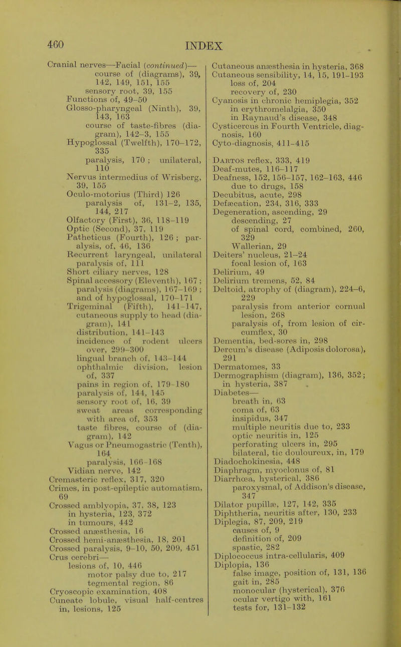 Cranial nerves—Facial {continued)— course of (diagrams), 39, 142, 149, 151, 155 sensory root, 39, 155 Functions of, 49-50 Glosso-pharyngeal (Ninth), 39, 143, 163 course of taste-fibres (dia- gram), 142-3, 155 Hypoglossal (Twelfth), 170-172, '335 paralysis, 170 ; unilateral, 110 Nervus intermedius of Wrisberg, 39, 155 OcLilo-motorius (Third) 126 paralysis of, 131-2, 135, 144, 217 Olfactory (First), 36, 118-119 Optic (Second), 37, 119 Patheticus (Fourth), 12G ; par- alysis, of. 46, 136 Recurrent laryngeal, vmilateral paralysis of. 111 Short ciliary nerves, 128 Spinal accessory (Eleventh), 167 ; paralysis (diagrams), 167-169 ; and of hypoglossal, 170-171 Trigeminal (Fiftli), 141-147, cutaneous supply to head (dia- gram), 141 distribution, 141-143 incidence of rodent ulcers over, 29!)-300 lingual branch of, 143-144 ophthalmic division, lesion of, 337 pains in region of, 179-180 paralysis of, 144, 145 sensory root of, 16, 39 sweat areas corresponding with area of, 353 taste fibres, course of (dia- gram), 142 V^agus or Pneumogastric (Tenth), 164 paralysis, 166-168 Vidian nerve, 142 Cremasteric reflex, 317, 320 Crimes, in post-epileptic automatism. 69 Crossed amblvopia, 37. 38, 123 in hysteria, 123, 372 in tumours, 442 Crossed anaesthesia, 16 Crossed hemi-anassthesia, 18, 201 Crossed paralysis, 9-10, 50, 209, 451 Crus cerebri— lesions of, 10, 446 motor palsy due to, 217 tegmental region, 86 Cryoscopic examination, 408 Cuneate lobule, visual half-centres in, lesions, 125 Cutaneous ansBsthesia in hysteria, 368 Cutaneous sensibility, 14, 15, 191-193 loss of, 204 recovery of, 230 Cyanosis in chronic hemiplegia, 352 in erythromelalgia, 350 in Raynaud's disease, 348 Cysticercus in Fourth Ventricle, diag- nosis, 160 Cyto-diagnosis, 411-415 Dartos reflex, 333, 419 Deaf-mutes, 116-117 Deafness, 152, 156-157, 162-163, 446 due to drugs, 158 Decubitus, acute, 298 Defa!cation, 234, 316, 333 Degeneration, ascending, 29 descending, 27 of spinal cord, combined, 260, 329 Wallerian, 29 Deiters' nucleus, 21-24 focal lesion of, 163 Delirium, 49 Delirium tremens, 52, 84 Deltoid, atrophy of (diagram), 224-6, 229 paralysis from anterior cornual lesion, 268 paralysis of, from lesion of cir- cumflex, 30 Dementia, bed-sores in, 298 Dercum's disease (Adiposis dolorosa), 291 Dermatomes, 33 Dermographism (diagram), 136, 352; in hysteria, 387 Diabetes— breath in, 63 coma of, 63 insipidus, 347 multiple neuritis due to, 233 optic neuritis in, 125 perforating ulcers in, 295 Ijilateral, tic douloureux, in, 179 Diadochokinesia, 448 Diaphragm, myoclonus of, 81 Diarrhoea, hysterical, 386 paroxysmal, of Addison's disease, 347 Dilator pupilte, 127, 142, 335 Diphtheria, neuritis after, 130, 233 Diplegia, 87, 209, 219 causes of, 9 definition of, 209 spastic, 282 Diplococcus intra-cellularis, 409 Diplopia, 136 false image, position of, 131, 136 gait in, 285 monocular (hysterical), 376 ocular vertigo with, 161 tests for, 131-132