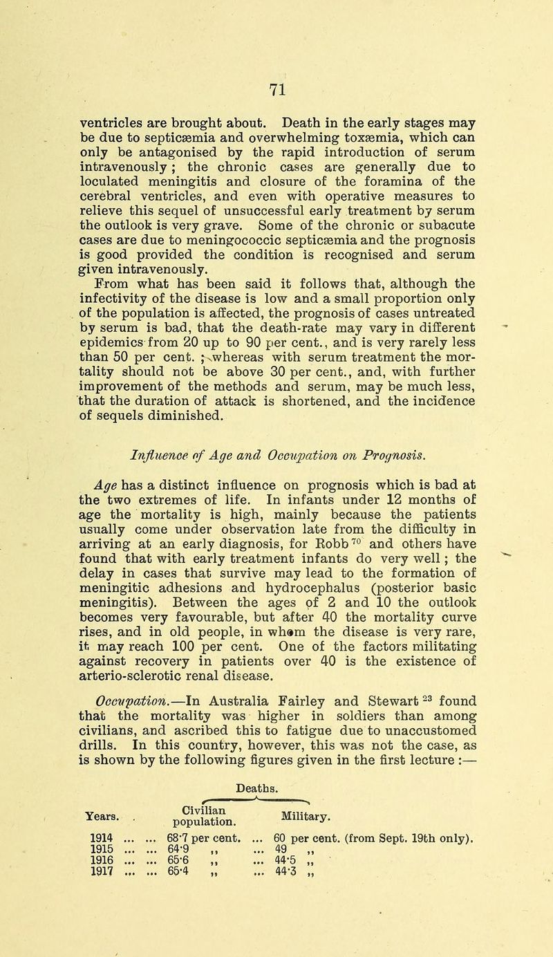 ventricles are brought about. Death in the early stages may be due to septicaemia and overwhelming toxaemia, which can only be antagonised by the rapid introduction of serum intravenously; the chronic cases are generally due to loculated meningitis and closure of the foramina of the cerebral ventricles, and even with operative measures to relieve this sequel of unsuccessful early treatment by serum the outlook is very grave. Some of the chronic or subacute cases are due to meningococcic septicaemia and the prognosis is good provided the condition is recognised and serum given intravenously. From what has been said it follows that, although the infectivity of the disease is low and a small proportion only of the population is affected, the prognosis of cases untreated by serum is bad, that the death-rate may vary in different epidemics from 20 up to 90 per cent., and is very rarely less than 50 per cent. ,* ^whereas with serum treatment the mor- tality should not be above 30 per cent., and, with further improvement of the methods and serum, may be much less, that the duration of attack is shortened, and the incidence of sequels diminished. Influence of Age and Occupation on Prognosis. Age has a distinct influence on prognosis which is bad at the two extremes of life. In infants under 12 months of age the mortality is high, mainly because the patients usually come under observation late from the difficulty in arriving at an early diagnosis, for Kobb70 and others have found that with early treatment infants do very well; the delay in cases that survive may lead to the formation of meningitic adhesions and hydrocephalus (posterior basic meningitis). Between the ages of 2 and 10 the outlook becomes very favourable, but after 40 the mortality curve rises, and in old people, in wh»m the disease is very rare, it may reach 100 per cent. One of the factors militating against recovery in patients over 40 is the existence of arterio-sclerotic renal disease. Occupation.—In Australia Fairley and Stewart23 found that the mortality was higher in soldiers than among civilians, and ascribed this to fatigue due to unaccustomed drills. In this country, however, this was not the case, as is shown by the following figures given in the first lecture :— Deaths. 1914 68-7 per cent. ... 60 per cent, (from Sept. 19th only). 1915 64-9 „ ... 49 „ 1916 65-6 „ ... 44-5 „ 1917 65-4 „ ... 44-3 „