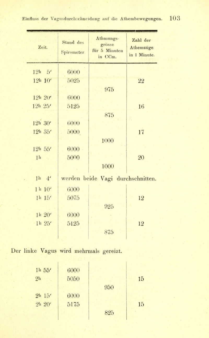 Zeit. Stand des Spirometer Athmungs- grösse für 5 Minuten in CCm. Zahl der Athemzüge in 1 Minute. 12h 5' 6000 12h 10' 5025 975 22 12h 20' 6000 12h 25' 5125 875 16 12h 30' 6000 12h 35' 5000, 17 12h 55' 6000 Ih 5000 1000 20 werden beide Vagi durchschnitten 1 h 10' 6000 ]h 15' 5075 925 12 Ih 20' 6000 Ih 25' 5125 875 12 inke Vagus wird mehrmals gereizt. Ih 55' 6000 2h 5050 950 15 2h 15' 6000 2h 20' 5175 825 15