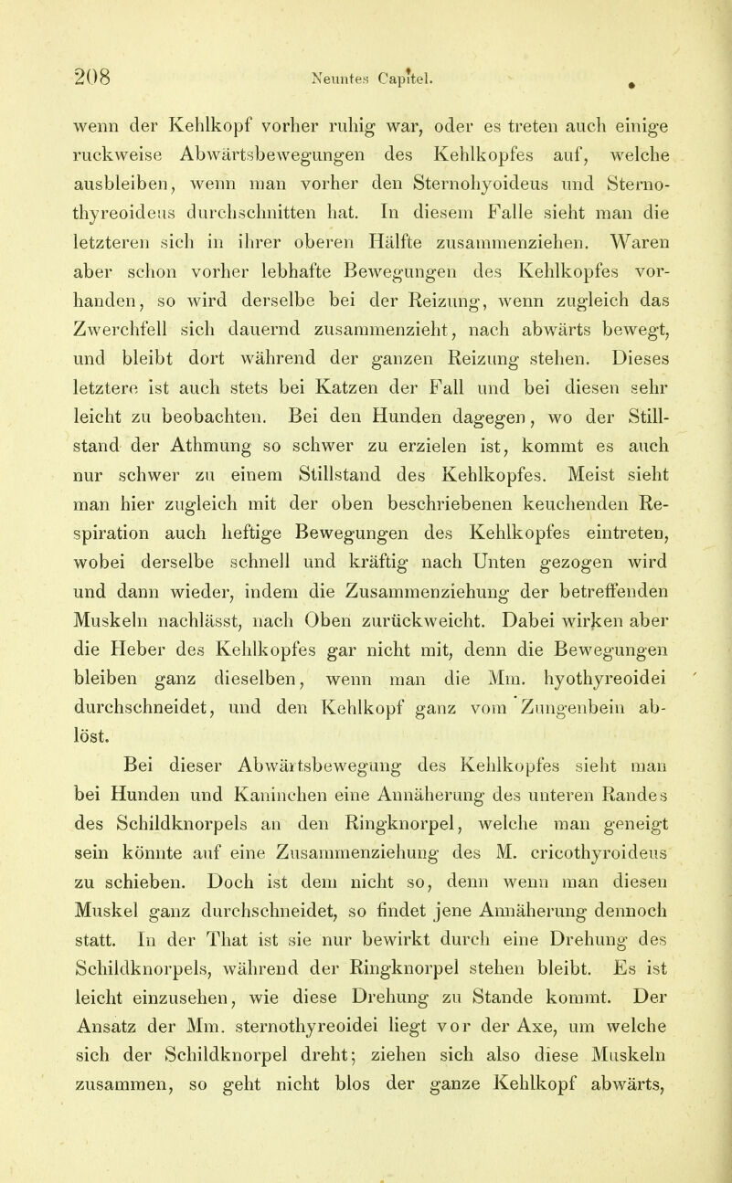 wenn der Kehlkopf vorher ruhig war, oder es treten auch einige ruckweise Abwärtsbewegungen des Kehlkopfes auf, welche ausbleiben, wenn man vorher den Sternohyoideus und Sterno- thyreoideus durchschnitten hat. In diesem Falle sieht man die letzteren sich in ihrer oberen Hälfte zusammenziehen. Waren aber schon vorher lebhafte Bewegungen des Kehlkopfes vor- handen, so wird derselbe bei der Reizung, wenn zugleich das Zwerchfell sich dauernd zusammenzieht, nach abwärts bewegt, und bleibt dort während der ganzen Reizung stehen. Dieses letztere ist auch stets bei Katzen der Fall und bei diesen sehr leicht zu beobachten. Bei den Hunden dagegen, wo der Still- stand der Athmung so schwer zu erzielen ist, kommt es auch nur schwer zu einem Stillstand des Kehlkopfes. Meist sieht man hier zugleich mit der oben beschriebenen keuchenden Re- spiration auch heftige Bewegungen des Kehlkopfes eintreten, wobei derselbe schnell und kräftig nach Unten gezogen wird und dann wieder, indem die Zusammenziehung der betreffenden Muskeln nachlässt, nach Oben zurückweicht. Dabei wirken aber die Heber des Kehlkopfes gar nicht mit, denn die Bewegungen bleiben ganz dieselben, wenn man die Mm. hyothyreoidei durchschneidet, und den Kehlkopf ganz vom Zungenbein ab- löst. Bei dieser Abwärtsbewegung des Kehlkopfes sieht man bei Hunden und Kaninchen eine Annäherung des unteren Randes des Schildknorpels an den Ringknorpel, Avelche man geneigt sein könnte auf eine Zusammenziehung des M. cricothyroideus zu schieben. Doch ist dem nicht so, denn wenn man diesen Muskel ganz durchschneidet, so findet jene Annäherung dennoch statt. In der That ist sie nur bewirkt durch eine Drehung des Schildknorpels, während der Ringknorpel stehen bleibt. Es ist leicht einzusehen, wie diese Drehung zu Stande kommt. Der Ansatz der Mm, sternothyreoidei liegt vor der Axe, um welche sich der Schildknorpel dreht; ziehen sich also diese Muskeln zusammen, so geht nicht blos der ganze Kehlkopf abwärts.