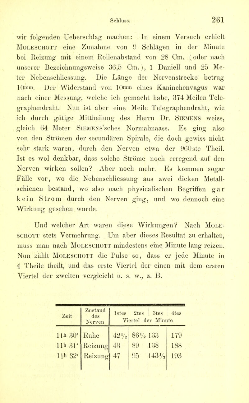 wir folgenden Ueberschlag machen: In einem Versuch erhielt Moleschott eine Zunahme von 1) Schlägen in der Minute bei Reizung mit einem Roilenabstand von 28 Cm. (oder nach unserer Bezeichnungsweise 36,5 Cm.), 1 Daniell und 25 Me- ter Nebenschliessung. Die Länge der Nervenstrecke betrug 10mm. Der Widerstand von lOmm eines Kaninchenvagus war nach einer Messung, welche ich gemacht habe, 374 Meilen Tele- graphendraht. Nun ist aber eine Meile Telegraphendraht, wie ich durch gütige Mittheilung des Herrn Dr. Siemens weiss, gleich 64 Meter SiEMENS'sches Normalmaass. Es ging also von den Strömen der secundären Spirale, die doch gewiss nicht sehr stark waren, durch den Nerven etwa der 960ste Theil. Ist es wol denkbar, dass solche Ströme noch erregend auf den Nerven wirken sollen? Aber noch mehr. Es kommen sogar Fälle vor, wo die Nebenschliessung aus zwei dicken Metall- schienen bestand, wo also nach physicalischen Begriffen gar kein Strom durch den Nerven ging, und wo dennoch eine Wirkung gesehen wurde. Und welcher Art waren diese Wirkungen? Nach Mole- SCHOTT stets Vermehrung. Um aber dieses Resultat zu erhalten, rauss man nach Moleschott mindestens eine Minute lang reizen. Nun zählt Moleschott die Pulse so, dass er jede jMinute in 4 Theile theilt, und das erste Viertel der einen mit dem ersten Viertel der zweiten vergleicht u. s. w., z. B. Zeit Zustand des Nerven Istes 1 2tes | 8tes | 4tes Viertel der Minute IIb 30' Ruhe 42% 86% 133 179 11h 31' Reizung 43 89 138 188 lih 32' Reizung 47 95 143% 193