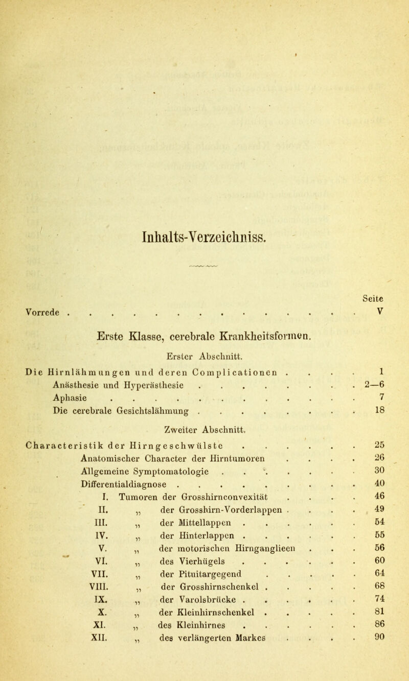 Inhalts-Verzeichniss. Seite Vorrede V Erste Klasse, cerebrale Krankheitsformon. Erster Abschnitt. Die Hirnlähm im gen und deren Compli cationen .... 1 Anästhesie und H}7perästhesie 2—6 Aphasie - . 7 Die cerebrale Gesichtslähmung ........ 18 Zweiter Abschnitt, Characteristik der Hirngeschwülstc 25 Anatomischer Character der Hirntumoren 26 Allgemeine Symptomatologie . 30 Differentialdiagnose 40 I. Tumoren der Grosshirnconvexität .... 46 II. „ der Grosshirn-Vorderlappen .... 49 III. der Mittellappen 54 IV. „ der Hinterlappen . . . . . . 55 V. „ der motorischen Hirnganglieen ... 56 VI. „ des Vierhügels . . . . . . 60 VII. „ der Pituitargegend 64 VIII. „ der Grosshirnschenkel 68 IX. „ der Varolsbrücke 74 X. „ der Kleinhirnschenkel 81 XI. „ des Kleinhirnes . .. . . . 86 XII. „ des verlängerten Markes .... 90