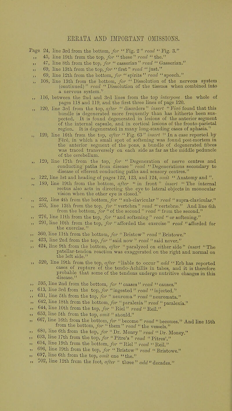 EERATA AND IMPORTANT OMISSIONS. Page 24, line 3rd from the bottom, for Fig. 2  read  Fig. 3. 45, line 19th from the top, for  these  read  the. ,, 47, line 8th from the top, for  casserian  read  Gasserian. 69, line 13th from the top, for  first read  just. ,, 69, line 12th from the bottom, for  spirits  read  speech. „ 108, line 13th from the bottom, for  Dissolution of the nervous system (continued)  read  Dissolution of the tissues when combined into a nervous system. ,, 116, between the 2nd and 3rd lines from the top interpose the whole of pages 118 and 119, and the first three lines of page 120. ,, 120, line 3rd from the top, after  disorders insert  Fere found that thi3 bundle is degenerated more frequently than has hitherto been sus- pected. It is found degenerated in lesions of the anterior segment of the internal capsule, and in cortical lesions of the fronto-parietal region. It is degenerated in many long-standing cases of aphasia. ,, 120, line 16th from the top, after  Fig. 63 insert  Iu a case reported by Fere, in which a small spot of softening was found post-mortem in the anterior segment of the pons, a bundle of degenerated fibres was traced transversely on each side as far as the middle peduncle of the cerebellum. 120, line 17th from the top, for  Degeneration of nerve centres and conducting paths from disease read Degenerations secondary to disease of efferent conducting paths and sensory centres. ,, 122, line 1st and heading of pages 122, 123, and 124, omit  Anatomy and . „ 189, line 19th from the bottom, after  iu front  insert  The internal rectus also acts in directing the eye to lateral objects in monocular vision when the other eye is closed. ,, 252, line 4th from the bottom, for  sub-clavicular  read  supra-clavicular. ,, 255, line 13th from the top, for  vertebra read vertebra. And line 6th from the bottom, for of the second  read  from the second. ,, 276, line 11th from the top, for  and softening  read  or softening. „ 291, line 10th from the top, for afforded the exercise read afforded for the exercise. 360, line 11th from the bottom, for  Bristow  read  Bristowe. ,, 423, line 2nd from the top, for  said now  read  said never. 424, line 9th from the bottom, after paralyzed on either side insert The patellar-tendon reaction was exaggerated on the right and normal on the left side. „ 520, line 19th from the top, after liable to occur add Erb has reported cases of rupture of the tendo-Achillis in tabes, and it is therefore probable that some of the tendons undergo nutritive changes in this disease. ,, 595, Hue 2nd from the bottom, for  caases  read  causes. ,, 613, line 3rd from the top, for ingested read injected. 631, line 5th from the top, for  neuroma read neuromata. ,, 642, line 18th from the bottom, for  paralesia  read  paralexia. „ 644, line 10th from the top, for  Biel  read  Bed. ,, 653, line 5th from the top, omit  should. „ 667, line 16th from the bottom, for  become  read  becomes. And line loth from the bottom, for  them  read  the vessels. 680, Hue 6th from the top, for  Dr. Monry  read  Dr. Money. 693, line 17th from the top, for  Pitre's  read  Pitres'. ,, 694, line 19th from the bottom, for  Biel  read  Beil. „ 696, line 19th from the top, for  Bristow » read  Bristowe. „ 697, line 6th from the top, omit one the. „ 702, line 12th from the foot, after  three add decades.