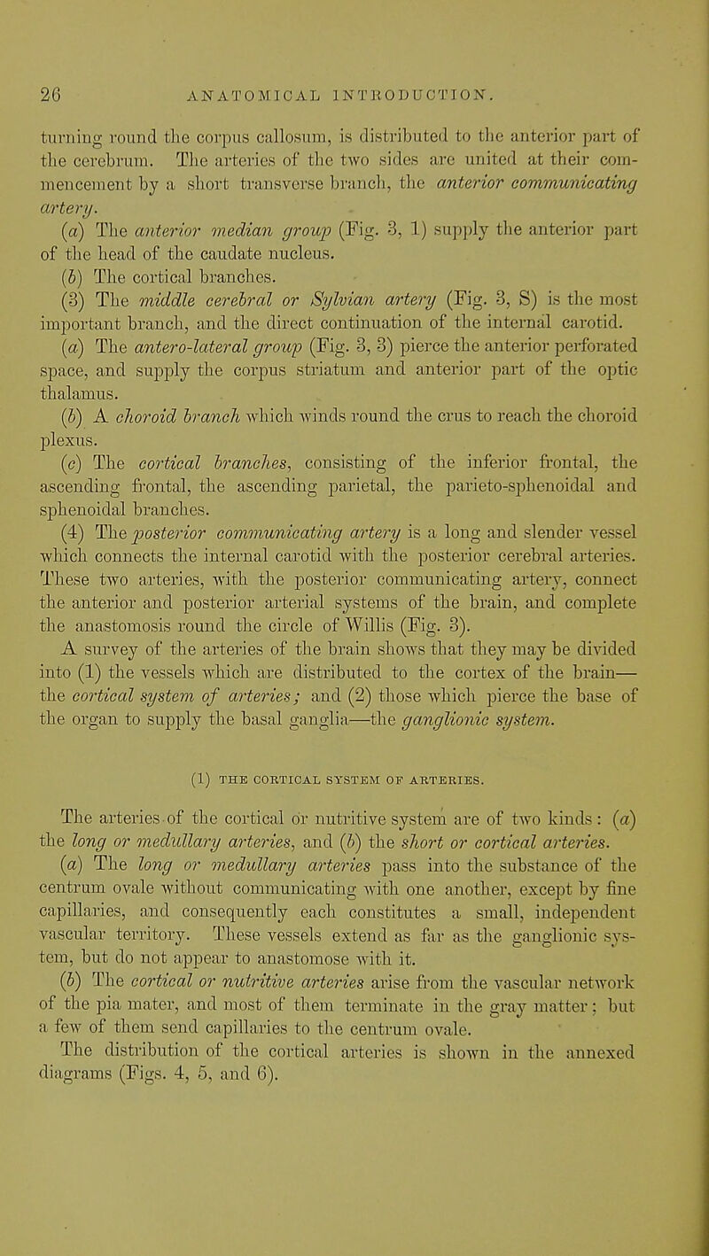 turning round the corpus callosum, is distributed to the anterior part of the cerebrum. The arteries of the two sides arc united at their com- mencement by a short transverse branch, the anterior communicating artery. (a) The anterior median group (Fig. 3, 1) supply the anterior part of the head of the caudate nucleus. (b) The cortical branches. (3) The middle cerebral or Sylvian artery (Fig. 3, S) is the most important branch, and the direct continuation of the internal carotid. (a) The antero-lateral group (Fig. 3, 3) pierce the anterior perforated space, and supply the corpus striatum and anterior part of the optic thalamus. (b) A choroid branch which winds round the crus to reach the choroid plexus. (c) The cortical branches, consisting of the inferior frontal, the ascending frontal, the ascending parietal, the parieto-sphenoidal and sphenoidal branches. (4) The posterior communicating artery is a long and slender vessel which connects the internal carotid with the posterior cerebral arteries. These two arteries, with the posterior communicating artery, connect the anterior and posterior arterial systems of the brain, and complete the anastomosis round the circle of Willis (Fig. 3). A survey of the arteries of the brain shows that they may be divided into (1) the vessels which are distributed to the cortex of the brain— the cortical system of arteries; and (2) those which pierce the base of the organ to supply the basal ganglia—the ganglionic system. (1) THE CORTICAL SYSTEM OF ARTERIES. The arteries of the cortical or nutritive system are of two kinds : (a) the long or medullary arteries, and (b) the short or cortical arteries. (a) The long or medullary arteries pass into the substance of the centrum ovale without communicating with one another, except by fine capillaries, and consequently each constitutes a small, independent vascular territory. These vessels extend as far as the ganglionic sys- tem, but do not appear to anastomose with it. (6) The cortical or nutritive arteries arise from the vascular network of the pia mater, and most of them terminate in the gray matter; but a few of them send capillaries to the centrum ovale. The distribution of the cortical arteries is shown in the annexed diagrams (Figs. 4, 5, and 6).