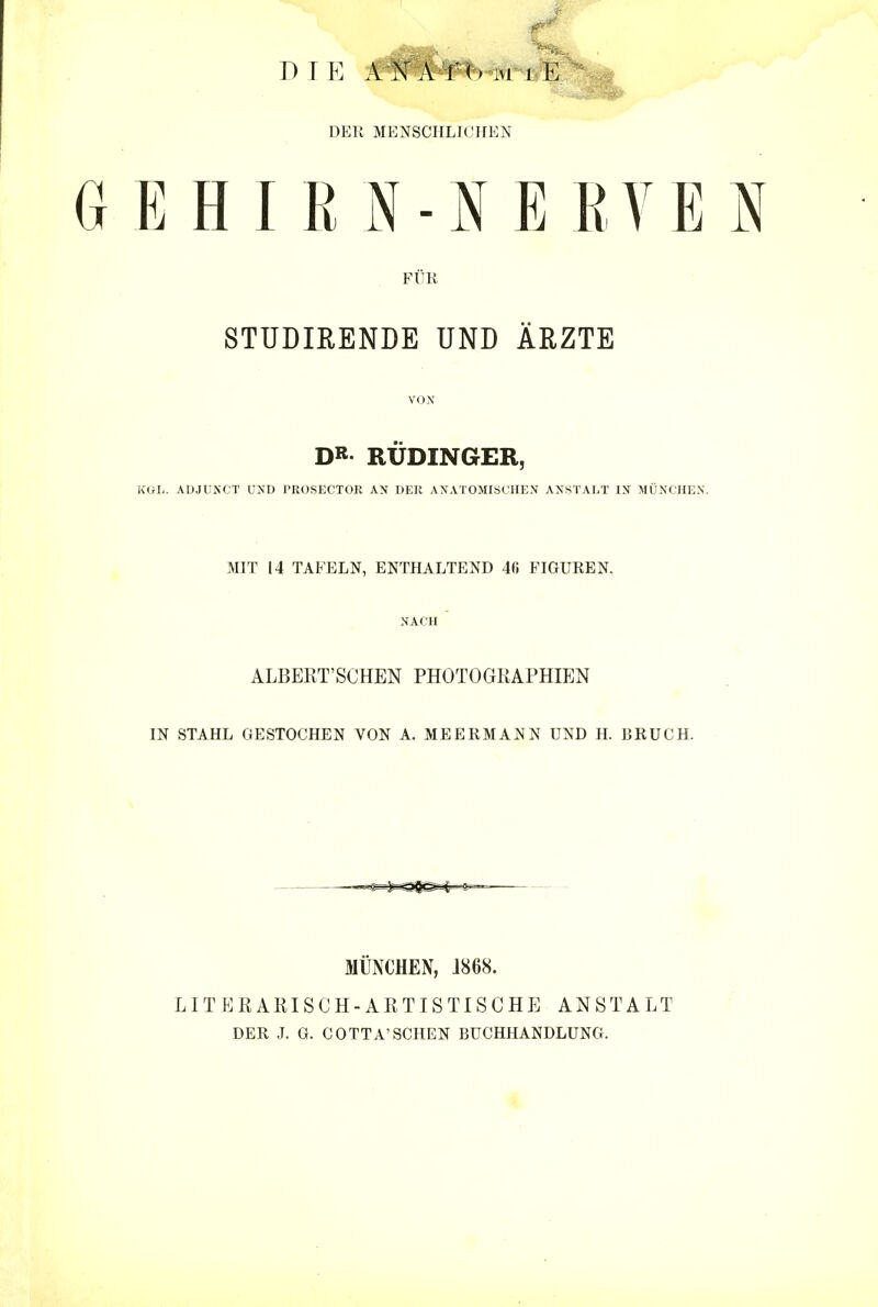 DEE MENSCHLICHEN E H I R N-N E EVE FUR STUDIEENDE UND ARZTE VON DR- RUDINGER, KG I;. ADJUNCT UND PROSECTOR AN DER ANATOMISCHEN ANSTALT IN MUNCHEN. MIT 14 TAFELN, ENTHALTEND 4fi FIGUREN, NACH ALBEET'SCHEN PHOTOGEAPHIEN IN STAHL GESTOCHEN VON A. MEERMANN UND H. BR UGH. —«^ MUNCHEN, J868. L IT E E AEIS CH-AETIS TIS CHE AN ST A LT DER J. G. COTTA'SCHEN BUCHHANDLUNG.