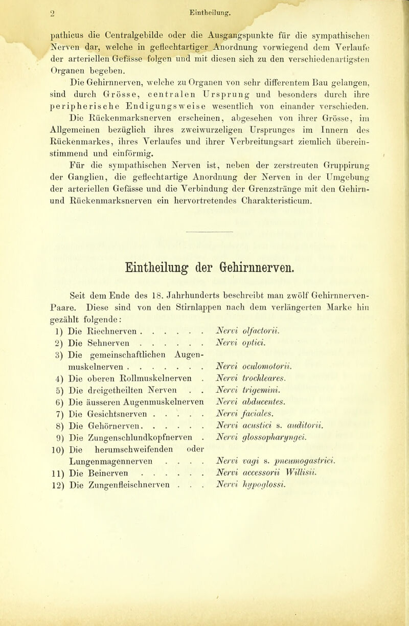 pathicus die Centralgebilde oder die Ausgangspunkte fi'tr die sympathischen Nerven dar, welclie in geflechtartiger Anordnung vorwiegend dem Yerlaufe der arteriellen Gefasse folgen und mit diesen sich zu den verschiedenartigsten (3rganen begeben. Die Gehirnnerven, welche zu Organen von sehr differentem Bau gelangen, sind durch Grosse, centralen Ursprung und besonders durcli ihre peripherische Endigungsweise wesentlich von einander verschieden. Die Riickenmarksnerven erscheinen, abgeseben von ihrer Grosse, im Allgemeinen beziiglich ihres zweiwurzeligen Ursprunges im Innern des Riickenmarkes, ihres Yerlaufes und ihrer Yerbreitungsart zienilicli iiberein- stimmend und einformig. Fiir die sympathischen Nerven ist, neben der zerstreuten Gruppirung der Ganglien, die geflechtartige Anordnung der Nerven in der Umgebung der arteriellen Gefasse und die Yerbindung der Grenzstrange mit den Gehirn- und Riickenmarksnerven ein hervortretendes Charakteristicum. Eintheilung der Grehirnnerven. Seit dem Ende des 18. Jahrhunderts beschreibt man zwolf Gehirnnerven- Paare. Diese sind von den Stirnlappen nach dem verlangerten Marke hin gezahlt folgende: 1) Die Riechnerven Nervi olfactorii. 2) Die Sehnerven Nervi optici. 3) Die gemeinschaftlichen Augen- muskelnerven Nervi oculomotorii. 4) Die oberen Rollmuskelnerven . Nervi trochleares. 5) Die dreigctheilten Nerven . . Nervi trigemini. 6) Die ausseren Augenmuskelnerven Nervi abducentes. 7) Die Gesichtsnerven Nervi faciales. 8) Die Gehornerven Nervi acustici s. auditorii. 9) Die Zungenschlundkopfnerven . Nervi glossopharyngei. 10) Die herumschweifenden oder Lungenmagennerven .... Nervi vagi s. pneumogastrici. 11) Die Beinerven Nervi accessorii Willisii. 12) Die Zungenfleischnerven . . . Nervi hypoglossi.