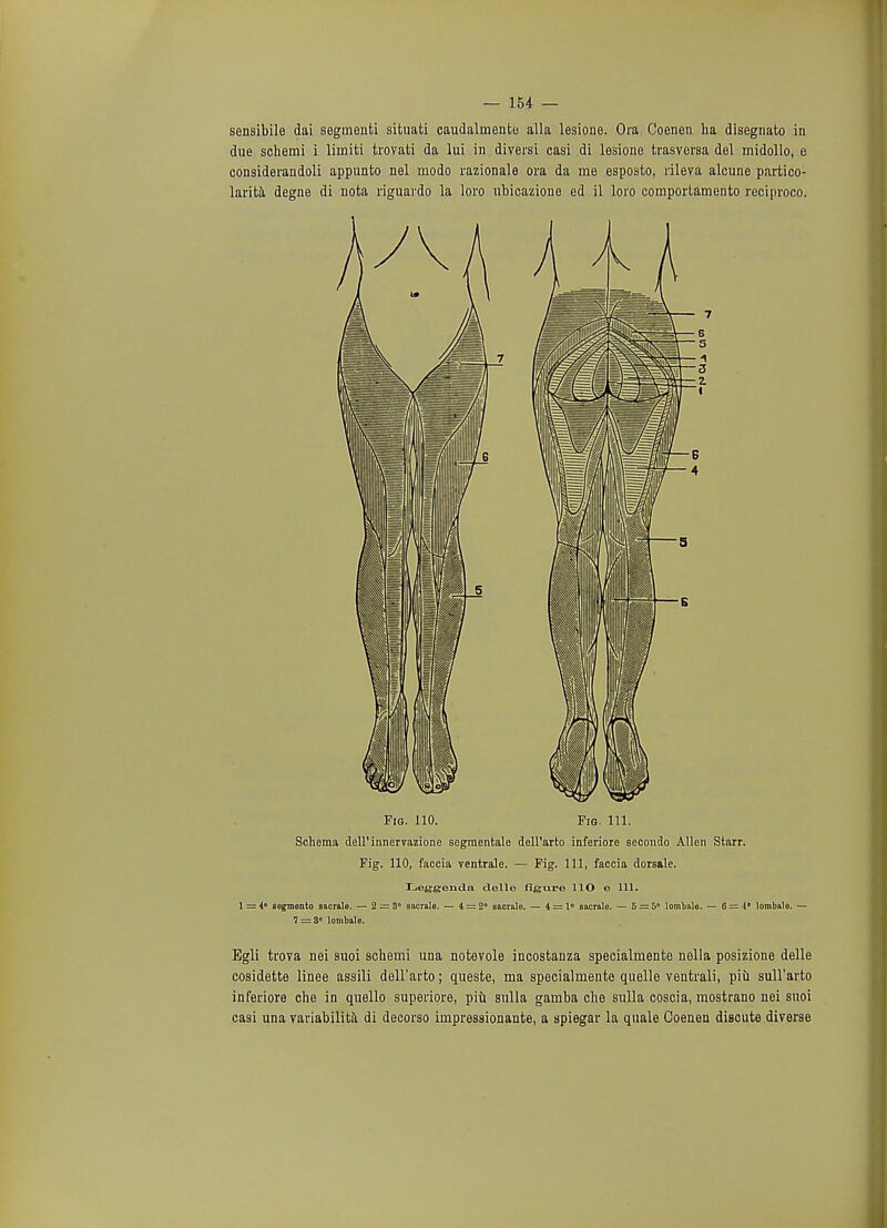 sensibile dai segmenti situati caudalmente alia lesione. Ora Coenen ha disegnato in due schemi i limiti trovati da lui in diversi casi di lesione trasversa del midollo, e considerandoli appunto nel modo razionale ora da me esposto, rileva alcune partico- larita degne di nota riguardo la loro ubicazione ed il loro comportamento reciproco. Fig. 110. Fig. 111. Schema dell'innervazione sogmentale dell'arto inferiore secondo Allen Starr. Fig. 110, faccia ventrale. — Fig. Ill, faccia dorsale. Leggendn delle figure HO o 111. 1=4* Bdgraonto Bacrale. — 2 — 8° aacrale. — 4 = 2° aacrale. — 4=1° Bacrale. — 5 := 5° lombale. — 6 = 4° lorabale. — 7 = 3° lombale. Egli trova nei suoi schemi una notevole incostanza specialmente nella posizione delle cosidette linee assili dell'arto; queste, ma specialmente quelle ventrali, piu sull'arto inferiore che in quello superiors, piu sulla gamba die sulla coscia, mostrano nei suoi casi una variability di decorso impressionante, a spiegar la quale Coenen discute diverse