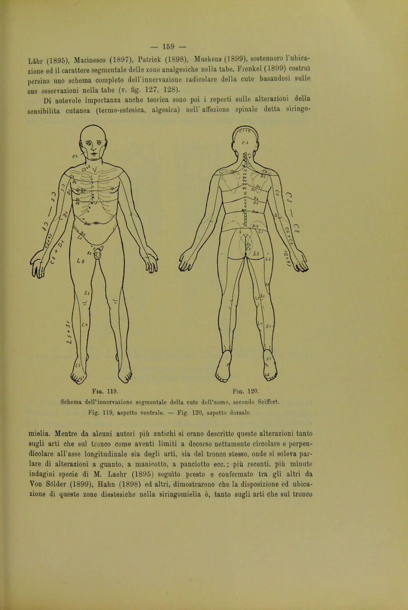 Lahr (1895), Marinesco (1897), Patrick (1898), Muskens (1899), sostenuero l'ubica- zione ed il carattere segmentals delle zone analgesiehe nella tabe. Frenkel (1899) costru'i persino uno schema completo dell'iniiervazione radicolare della cute basandosi sulle sue osservazioni nella tabe (v. fig. 127, 128). Di notevole importanza anche teorica souo poi i reperti sulle alterazioni della sensibilita cutanea (termo-estesica, algesica) nell' alTezione spinale detta siringo- Fio. 119. Fio. 120. Schema dell'inncrrazionc segmentate della cute dell'uomo, secondo Seiffcrt. Fig. 119, aspetto ventrale. — Fig. 120, aspetto dorsalc. mielia. Mentre da alcuni autori piii antichi si erano descritte queste alterazioni tanto sugli arti cue sul tronco come aventi limiti a decorso nettamente circolare e perpen- dicolare all'asse longitudinale sia degli arti, sia del tronco stesso, onde si soleva par- lare di alterazioni a guanto, a maniootto, a panciotto ecc.; piu recenti, piii minute indagini specie di M. Laehr (1895) segulto presto e confermato tra gli altri da Von Solder (1899), Hahn (1898) ed altri, dimostrarono che la disposizione ed ubica- zione di queste zone diestesiche nella siringomielia e, tanto sugli arti che sul tronco