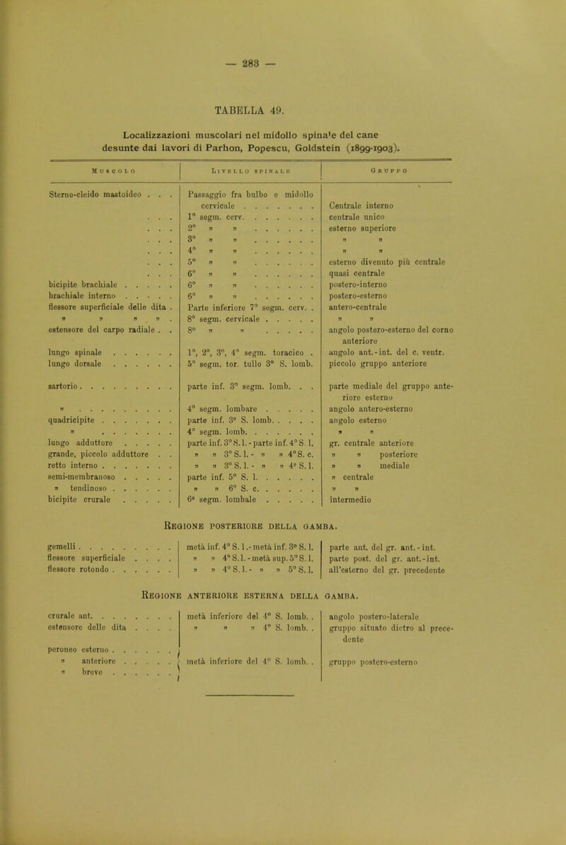 TABELLA 40. Localizzazioni muscolari nel midollo spina'e del cane desunte dai lavori di Parhon, Popescu, Goldstein (1899-1903). M U • O O L 0 LlVKLLU 8IMNALK 0 B U P 1' 0 Sterno-cleido mastoideo . . . Passaggio fra bulbo c midollo ; Centralc interno X bull lit • ' ' I > •••••• i ■.i 11 t r . i■ ill, ii' 6611WillU 11J M 1 ■ 1 • . . 2 » » esterno superiore 3° » » n n 4° •> » » ff 5° »  esterno divenuto piu ccntrale 6° n n quasi centrale 6° n » postero-interno 6° n l» postero-esterno ilessore superficial delle dita . Parte inferiore 7 segm. cerv. . antero-centrale n » » tt n n cstensore del carpo radiale . . angolo postero-esterno del corno anterioro 1°, 2°, 3°, 4° segm. toracico . angolo ant.-int. del c. ventr. 5° segm. tor. tullo 3° S. lomb. piccolo gruppo anteriore parte inf. 3° segm. lomb. . . parte mediale del gruppo ante- riore esterno n angolo antero-esterno angolo esterno n n parte inf. 3°S. 1. - parte inf. 4° S. 1. gr. centrale anteriore grande, piccolo adduttore . . » » 3S.L- » n 4°S. c. n » posteriore n » 3° S. 1. - » » 4'S. 1. n n mediale parte inf. 5° S. 1 n centrale n I) 6° S. C » n intermedio Recuone posteriore della gamba. gemelli flcssore superficial flessore rotondo . . cruralc ant. . . . ostensorc delle dita poroneo esterno . » anteriore » breve . mctii inf. 4° S. 1.- meta inf. 3° S. 1. » n 4°S.l.-metasup.50S.l. » » 4°S.l.- » n 5°S.l. parte ant. del gr. ant.-int. parte post, del gr. ant.-int. aU'eslorno del gr. precedcnte Reoione anteriore esterna dei.la gamba. meta inferiore del 4° S. lomb. . n « » 1° S. lomb. . meta inferiore del 4° S. lomb. angolo postero-latcrale gruppo situato dietro al prece- dcnte gruppo postero-esterno