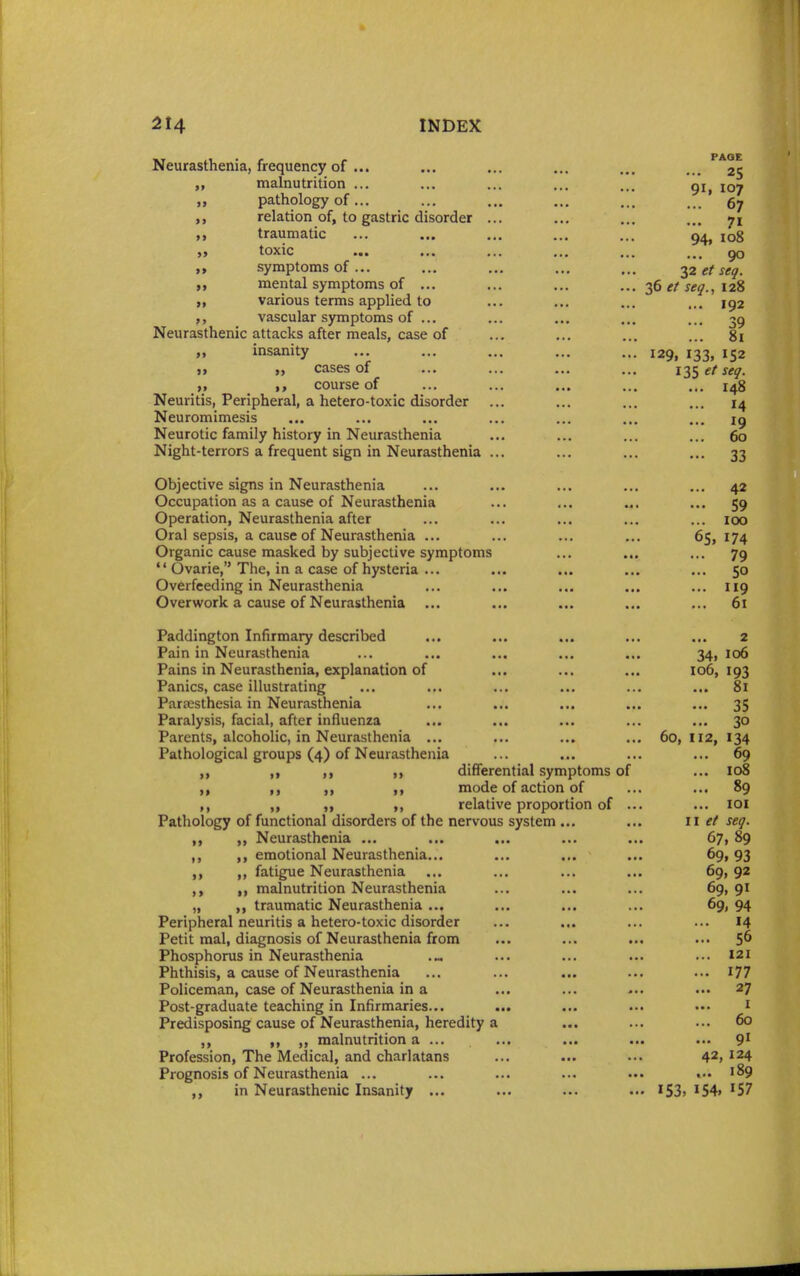 II i> Neurasthenia, frequency of ... ... ... ,., ... ... 25 „ malnutrition ... ... ... ... ... gi^ iqj pathology of... ... ... ... ... ... ' relation of, to gastric disorder ... ... ... ... 71 traumatic ... ... ... ... ... 108 toxic ... ... ... ... ... ... go „ symptoms of ... ... ... ... ... -ifl et seq. „ mental symptoms of ... ... ... ... 36 ^/5^^., 128 „ various terms applied to ... ... ... ... 192 ,, vascular symptoms of ... ... ... ... ... 39 Neurasthenic attacks after meals, case of ... ... ... ... 81 „ insanity ... ... ... ... ... 129, 133, 152 i> 11 cases of ... ... ... ... 135 f/^*^. II >i course of ... ... ... ... ... 148 Neuritis, Peripheral, a hetero-toxic disorder ... ... ... ... 14 Neuromimesis ... ... ... ... ... ... ... \g Neurotic family history in Neurasthenia ... ... ... ... 60 Night-terrors a frequent sign in Neurasthenia ... ... ... ... 33 Objective signs in Neurasthenia ... ... ... ... ... 42 Occupation as a cause of Neurasthenia ... ... ... ... 59 Operation, Neurasthenia after ... ... ... ... ... 100 Oral sepsis, a cause of Neurasthenia ... ... ... ... 65, 174 Organic cause masked by subjective symptoms ... ... ... 79  Ovarie, The, in a case of hysteria ... ... ... ... ... 50 Overfeeding in Neurasthenia ... ... ... ... ... 119 Overwork a cause of Neurasthenia ... ... ... ... ... 61 Paddington Infirmary described ... ... ... ... ... 2 Pain in Neurasthenia ... ... ... ... ... 34, 106 Pains in Neurasthenia, explanation of ... ... ... 106,193 Panics, case illustrating ... ... ... ... ... ... 81 PartEsthesia in Neurasthenia ... ... ... ... ... 35 Paralysis, facial, after influenza ... ... ... ... ... 30 Parents, alcoholic, in Neurasthenia ... ... ... ... 60,112, 134 Pathological groups (4) of Neurasthenia ... ... ... ... 69 ,, ,, ,, differential symptoms of ... 108 ,, mode of action of ... ... 89 ,, ,, ,, ,, relative proportion of ... ... loi Pathology of functional disorders of the nervous system ... ... \ \ et seq. ,, Neurasthenia ... ... ... ... ... 67, 89 ,, ,, emotional Neurasthenia... ... ... ... 69,93 ,, ,, fatigue Neurasthenia ... ... ... ... 69, 92 ,, malnutrition Neurasthenia ... ... ... 69, 91 „ ,, traumatic Neurasthenia ... ... ... ... 69, 94 Peripheral neuritis a hetero-toxic disorder ... ... ... ... 14 Petit mal, diagnosis of Neurasthenia from ... ... ... ... 5^ Phosphorus in Neurasthenia ... ... ... ... 121 Phthisis, a cause of Neurasthenia ... ... ... ... ... 177 Policeman, case of Neurasthenia in a ... ... ... 27 Post-graduate teaching in Infirmaries... ... ... ... ••• i Predisposing cause of Neurasthenia, heredity a ... ... ... 60 ,, ,, ,, malnutrition a ... ... ... ... ... 9' Profession, The Medical, and charlatans ... ... ... 42, 124 Prognosis of Neurasthenia ... ... ... ... ... 189