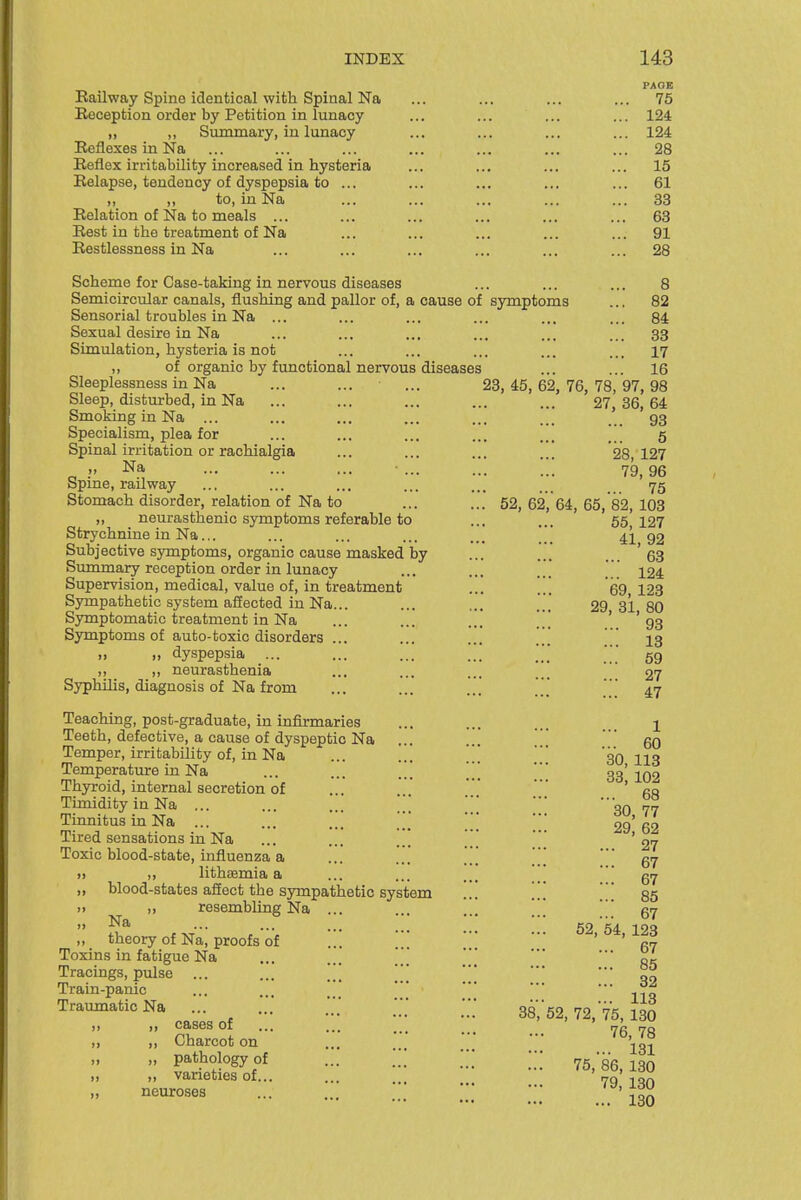 PAOE Eailway Spine identical with Spinal Na ... ... ... ... 75 Reception order by Petition in lunacy ... ... ... ... 124 „ „ Summary, in lunacy ... ... ... ... 124 Reflexes in Na ... ... ... ... ... ... ... 28 Reflex irritability increased in hysteria ... ... ... ... 15 Relapse, tendency of dyspepsia to ... ... ... ... ... 61 ,, ,, to, in Na ... ... ... ... ... 33 Relation of Na to meals ... ... ... ... ... ... 63 Rest in the treatment of Na ... ... ... ... ... 91 Restlessness in Na ... ... ... ... ... ... 28 Scheme for Case-taking in nervous diseases ... ... ... 8 Semicircular canals, flushing and pallor of, a cause of symptoms ... 82 Sensorial troubles in Na ... ... ... ... ... ... 84 Sexual desire in Na ... ... ... ... ... ... 33 Simulation, hysteria is not ... ... ... ... ... 17 „ of organic by functional nervous diseases ... ... 16 Sleeplessness in Na ... ... ... 23, 45, 62, 76, 78, 97, 98 Sleep, disturbed, in Na ... ... ... ... ... 27 86,64 Smoking in Na ... ... ... ... ... ... _ _ 93 Specialism, plea for ... ... ... ... ... \ 5 Spinal irritation or rachialgia ... ... ... ... 28 127 „ Na ... ... ... • ... ... ... 79_ 96 Spme, railway ... ... ... ... ... 75 Stomach disorder, relation of Na to ... ... 52,62,64 65 82 103 ,, neurasthenic symptoms referable to ... ... 55 127 Strychnine in Na... ... ... ... ... 4.1 92 Subjective symptoms, organic cause masked by ... ... '53 Simmiary reception order in lunacy ... ... ... . 124 Supervision, medical, value of, in treatment ... 69 123 Sympathetic system aflected in Na... ... ... ... 29 31 80 Symptomatic treatment in Na ... ... ... ' '93 Symptoms of auto-toxic disorders ... ... ... ... ' 13 „ „ dyspepsia ... ... ... ... 59 ,, ,, neurasthenia ... ... ... ...  27 Syphilis, diagnosis of Na from ... ... ... ' 47 Teaching, post-graduate, in infirmaries Teeth, defective, a cause of dyspeptic Na Temper, irritability of, in Na ... Temperature in Na ... ... Thyroid, internal secretion of Timidity in Na ... ... ... Tinnitus in Na ... Tired sensations in Na Toxic blood-state, influenza a » lithaemia a „ blood-states aiiect the sympathetic system  i> resembling Na ...  N^ ••• ••• ... ... „ theory of Na, proofs of ... ] Toxins in fatigue Na Tracings, pulse ... ... ] Train-panic Traumatic Na >> >) cases of ,, ,, Charcot on „ „ pathology of „ „ varieties of... „ neuroses 1 60 30, 113 33, 102 68 30, 77 29, 62 27 67 67 85 67 62, 54, 128 67 85 32 113 38, 52, 72, 75, 130 76, 78 131 75, 86, 130 79, 130 130