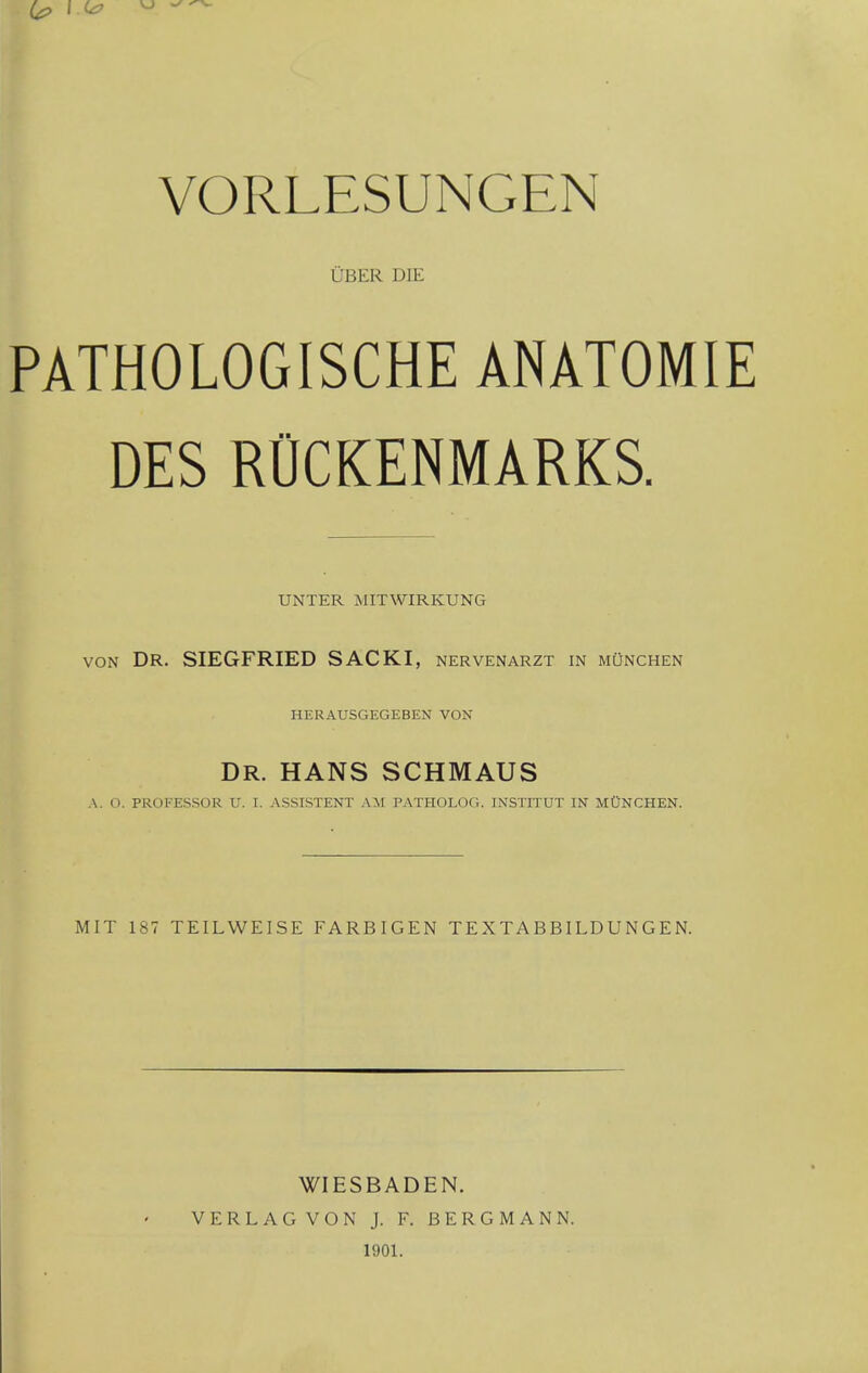 UBER DDE PATHOLOGISCHE ANATOMIE DES RUCKENMARKS. UNTER MITWIRKUNG von DR. SIEGFRIED SACKI, nervenarzt in mOnchen HERAUSGEGEBEN VON DR. HANS SCHMAUS A. O. PROFESSOR U. I. ASSISTENT AM PATHOLOG. INSTITUT IN MONCHEN. MIT 187 TEILWEISE FARBIGEN TEXTABBILDUNGEN. WIESBADEN. VERLAGVON J. F. BERGMAN N. 1901.