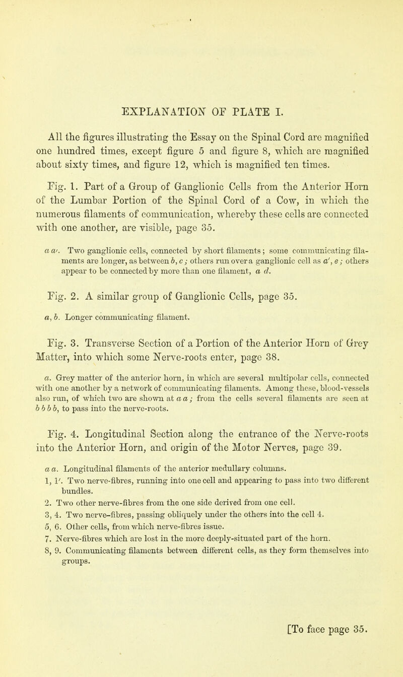 EXPLANATION OF PLATE I. All the figures illustrating the Essay on the Spinal Cord are magnified one hundred times, except figure 5 and figure 8, which are magnified about sixty times, and figure 12, which is magnified ten times. Fig. 1. Part of a Group of Ganglionic Cells from the Anterior Horn of the Lumbar Portion of the Spinal Cord of a Cow, in which the numerous filaments of communication, whereby these cells are connected with one another, are visible, page 35. a w. Two ganglionic cells, connected by short filaments ; some communicating fila- ments are longer, as between b, c ; others run over a ganglionic cell as a', e; others appear to be connected by more than one filament, a d. Pig. 2. A similar group of Ganglionic Cells, page 35. a, b. Longer communicating filament. Pig. 3. Transverse Section of a Portion of the Anterior Horn of Grey Matter, into which some Nerve-roots enter, page 38. a. Grey matter of the anterior horn, in which are several multipolar cells, connected with one another by a network of communicating filaments. Among these, blood-vessels also run, of which two are shown at a a; from the cells several filaments are seen at b bbb, to pass into the nerve-roots. Fig. 4. Longitudinal Section along the entrance of the Nerve-roots into the Anterior Horn, and origin of the Motor Nerves, page 39. a a. Longitudinal filaments of the anterior medullary columns. 1, 1'. Two nerve-fibres, running into one cell and appearing to pass into two different bundles. 2, Two other nerve-fibres from the one side derived from one cell. 3, 4. Two nerve-fibres, passing obliquely under the others into the cell 4. 5, 6. Other cells, from which nerve-fibres issue. 7. Nerve-fibres which are lost in the more deeply-situated part of the horn. 8, 9. Communicating filaments between different cells, as they form themselves into groups. [To face page 35.