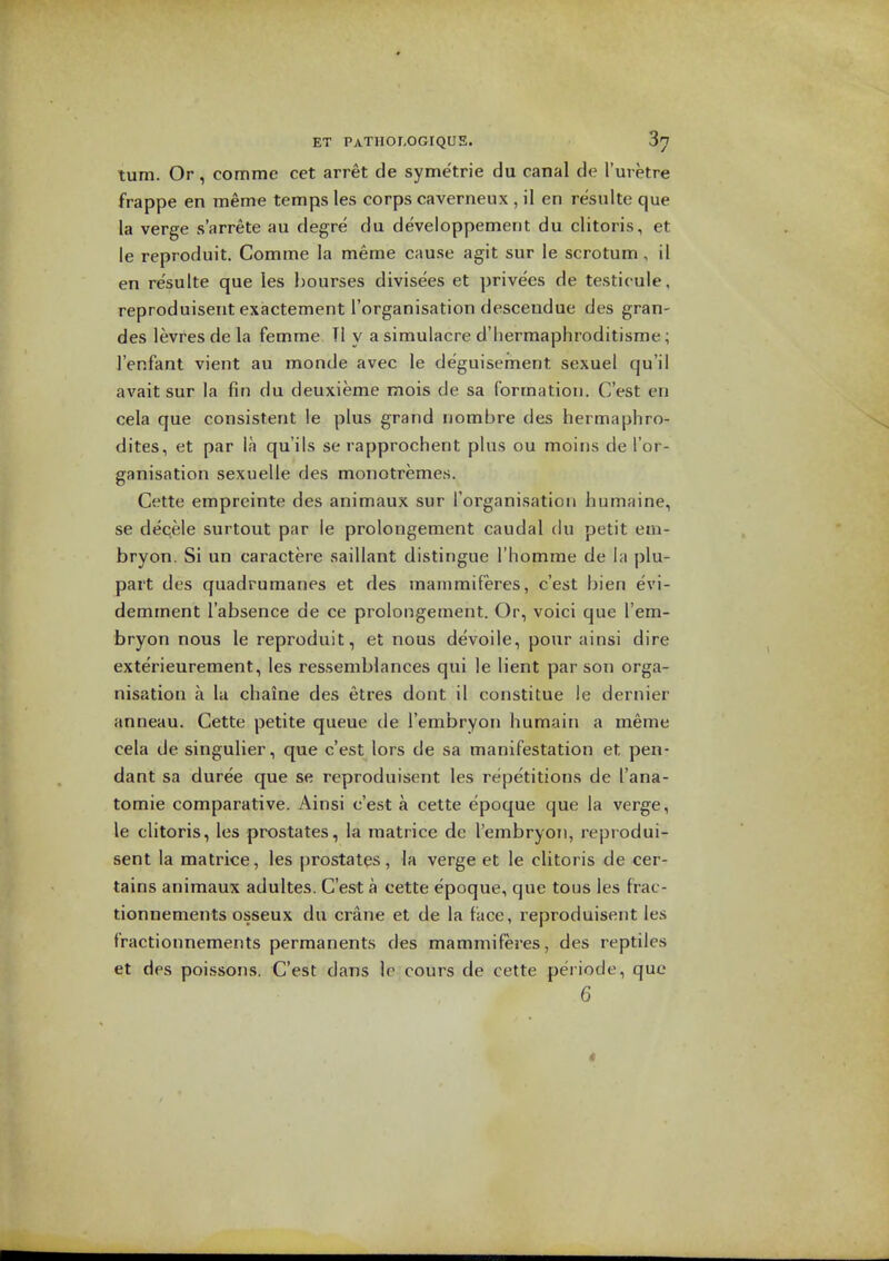 turn. Or, comme cet arret de symetrie du canal de I'uretre frappe en meme temps les corps caverneux , il en resulte que la verge s'arrete au degre du developpement du clitoris, et le reproduit. Comme la meme cause agit sur le scrotum, il en resulte que les bourses divisees et privees de testicule, reproduisent exactement I'organisation descendue des gran- des levresdela femme Tl y asimulacre d'liermaphroditisme; I'enfant vient au monde avec le deguisement sexuel qu'il avait sur la fin du deuxieme mois de sa formation. C'est en cela que consistent le plus grand nombre des hermaphro- dites, et par la qu'ils se rapprochent phis ou moins de I'or- ganisation sexuelle des monotremes. Cette empreinte des animaux sur I'organisation humaine, se decele surtout par le prolongement caudal du petit em- bryon. Si un caractere saillant distingue Thomme de la plu- part des quadrumanes et des maniraiferes, c'est bien evi- demment I'absence de ce prolongement. Or, voici que I'em- bryon nous le reproduit, et nous devoile, pour ainsi dire exterieurement, les ressemblances qui le lient par son orga- nisation a la chaine des etres dont il constitue le dernier anneau. Cette petite queue de I'embryon humain a meme cela de singulier, que c'est lors de sa manifestation et pen- dant sa duree que se reproduisent les repetitions de I'ana- tomie comparative. Ainsi c'est a cette epoque que la verge, le clitoris, les prostates, la matrice de I'embryoii, repiodui- sent la matrice, les j)rostates, la verge et le clitoris de cer- tains animaux adultes. C'est a cette epoque, que tous les frac- tionnements osseux du crane et de la face, reproduisent les fractionnements permanents des mammiferes, des reptiles et des poissons. C'est dans le cours de cette periode, que