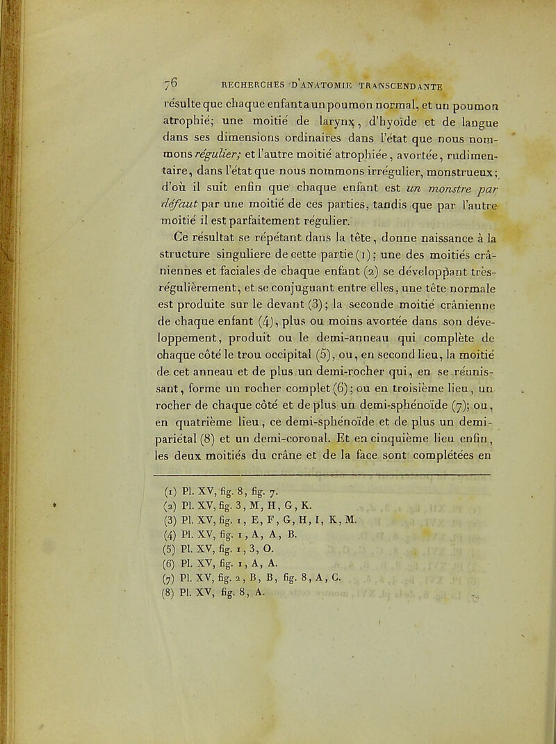 resulteque chaque enfant a un poumon normal, et un poumoa atrophie; une moitie' de larynj^, d'hyoide et de langue dans ses dimensions ordinaires dans I'etat que nous nom- mons re'g^ulier; etl'autre moitie atrophiee, avortee, rudimen- taire, dans I'etat que nous nommons irregulier, monstrueux; d'ou il suit enfin que chaque enfant est un monstre par rie/aut par une moitie de ces parties, tandis que par ['autre moitie il est parfaitement regulier. Ce re'sultat se repe'tant dans la tete, donne naissance a la structure singuliere de cette partie(i); une des moities cra- niennes et faciales de chaque enfant (2) se de'velop^ant tres- regulierement, et se conjuguant entre elles, une tete normale est produite sur le devant (3); la seconde moitie cranienne de chaque enfant (4j, plus ou moins avortee dans son deve- loppement, produit ou le demi-anneau qui complete de ohaque cote le trou occipital (5), ou, en second lieu, la moitie' de. cet anneau et de plus un demi-rocher qui, en se re'unis- sant, forme un rocher complet(6); ou en troisieme lieu, un rocher de chaque cote et deplus un demi-sphenoide (^7); ou, en quatrieme lieu, ce demi-sphenoide et de plus un demi- parie'tal (8) et un demi-coronal. Et en cinquieme lieu enfin, les deux moities du crane et de la face sont completees en (.) PI. XY, fig. 8,%. 7. (2) PI. XV, fig. 3, M, H, G, K. (3) PI. XV, fig. I, E, F, G, H,I, R,M. (4) PI. XV, fig. I, A, A, B. (5) PI. XV, fig. I, 3, O. (6) PI. XV, fig. I, A, A. (7) PI. XV, fig. 2, B, B, fig. 8, A,C.