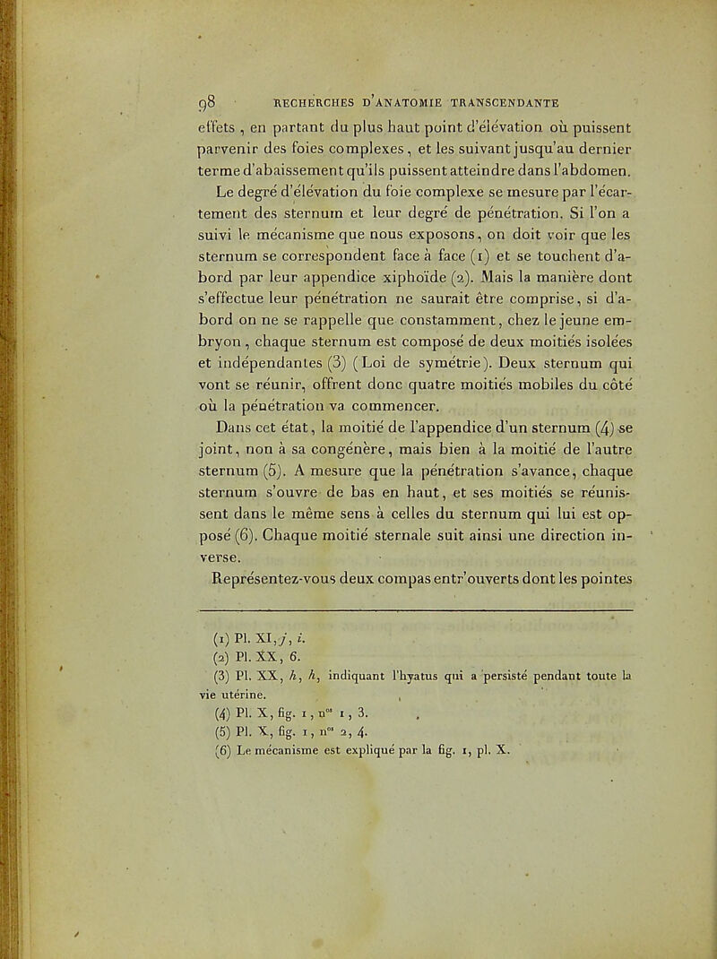 etfets , en partant du plus haut point d'eievation oil puissent parvenir des foies complexes, et les suivant jusqu'au dernier terme d'abaissement qu'ils puissent atteindre dans I'abdomen. Le degre d'eievation du f'oie complexe se inesure par I'e'car- tement des sternum et leur degre de penetration. Si Ton a suivi le mecanisme que nous exposons, on doit voir que les sternum se correspondent face a face (i) et se touchent d'a- bord par leur appendice xiphoide (2). Mais la maniere dont s'effectue leur penetration ne saurait etre comprise, si d'a- bord on ne se rappelle que constamment, chez le jeune era- bryon , chaque sternum est compose de deux moities isolees et independanles (3) ( Loi de symetrie). Deux sternum qui vont se reunir, offrent done quatre moities mobiles du cote oil la penetration va commencer. Dans cet etat, la moitie de I'appendice d'un sternum (4)*e joint, non a sa congenere, mais bien a la moitie' de I'autre sternum (5). A mesure que la penetration s'avance, chaque sternum s'ouvre de bas en haut, et ses moities se re'unis- sent dans le meme sens a celles du sternum qui lui est op- pose (6). Chaque moitie sternale suit ainsi une direction in- verse. Representez-vous deux compas entr'oviverts dont les pointes (1) PI. XI,7, i. (2) PI. tX, 6. (3) PI. XX, h, h, indiquant I'hyatus qui a persiste pendant toute la vie uterine. , (4) P1. X,fig. i,n- I, 3. (5) P1. X, fig. i.n- 2, 4.