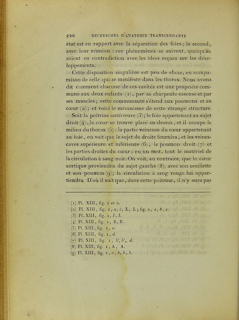 Gtat est en rap)Dort avec la separation des foies ; le second avec leur reunion : ces phenomenes se suivent, quoiqu'i'ls soient en contradiction avec les ide'es revues sur les deve- Ibppements. Cette disposition singuliere est peU'de chose, en compa- paison de oelle qui se manifeste dans les-thorax. Nous avons dit comment chacune de ces cavite's est une propriete com- mune aux deux enfants (i), par sa charpente osseuse et par ses muscles; cette coramunaute s'etend aux poumons et au cceur (2); et voici le mecanisme de cette etrange structure. Soit la poitrine anterieure (3); le foie appartenantau sujet droit (4) , le coeur se trouve place au-dessus, et il occupe le milieu du thorax (5), : la partie veineuse du coeur appartenant au foie, on voit que le sujet de droite fournira, et les veines- caves superieure et inferieure (6), le pouraon droit (7) et les parties droites du coeur; en un mot, tout le materiel de la circulation a sang noir. On voit, au eontraire, que le coeur aortique proviendra. du sujet gauche (8)^ avec son oreillette et son poumon (g)'; la: circulation a sang rouge lui appar- tiendfa. D'ou il suit que, dans cette poitrine, ii n'y aura pas (1) PI. XIII, fig. I ef 2. (2) PI. XIII, fig.. I,.a, 2, II, L;:fig.2, e,b,c. (3) PLXIII,. fig. I, J, J. (4) PI. XIII, fig. I, B,.B.. (5) PI. XIII, fig. I, e.- (6) PI. XIII, fig. i.,.d. (7) PI. XIII, fig. I, i'; d',. d. (8) PI. XIII, fig. I, A, A.