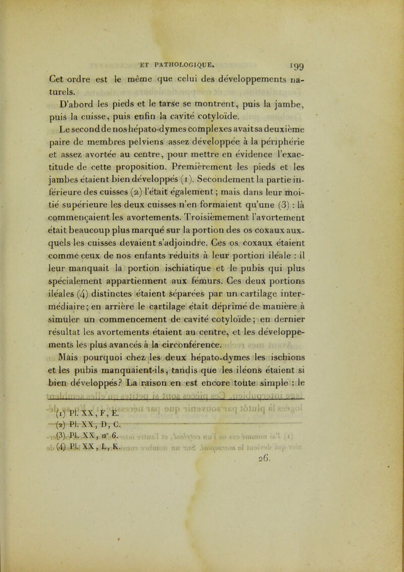 Get ordre est k raeme que celui ties developpements iia- turels. D'abord les pieds et le tarse se raontrent, puis la jambe, puis la cuisse, puis enfin la cavite cotyloide. Le second de noshepato-dymes complexes avaitsa deuxieme paire de membres pelviens assez developpe'e a la peripheric et assez avortee au centre, pour mettre en evidence I'exac- titude de cette proposition. Premierement les pieds et les jambes etaient bien developpes (i). Secondement la partie in- ferieure des cuisses (2) I'etait egalement; mais dans leur moi- tie superieure les deux cuisses n'en f'ormaient qu'une (3) : la commencaient les avortements. Troisiemement I'avortement etait beaucoup plus marque sur la portion des os coxaux aux- quels les cuisses devaient s'adjoindre. Ges os, coxaux etaient comrae ceux de nos enfants reduita a leur portion ileale : il leur manquait la portion ischiatique et le pubis qui plus specialeraent appartiennent aux femurs. Ges deux portions ileales (4) distincles etaient separees par un cartilage inter- raediaire;en arriere le cartilage etait deprime de maniere a simuler un commencement de cavite cotyloide; en dernier resultat les avortements etaient au centre, et les developpe- ments les plus avances a la circonference. Mais pourquoi chez les deux hepato-dymes les ischions et les pubis manquaient'ils, tandis que les ileons etaient si bien developpesLa raison en est encore tolite simple : le ^—^ ■. u -11 ,■ ..-JiJ:Hl ifi Jil0.r: rio-xjuj .-.J ...li^.i-ci — ''(i j''p|'ix F E ' M ^P 'i'nyvrjoa 'u;q JoJulq isl > -^2) Ph XX,-D, C. ,.(3), PI.,XX, it° 6. >\\\ .jijiji; . ■>niinnn iti'L i; 26.