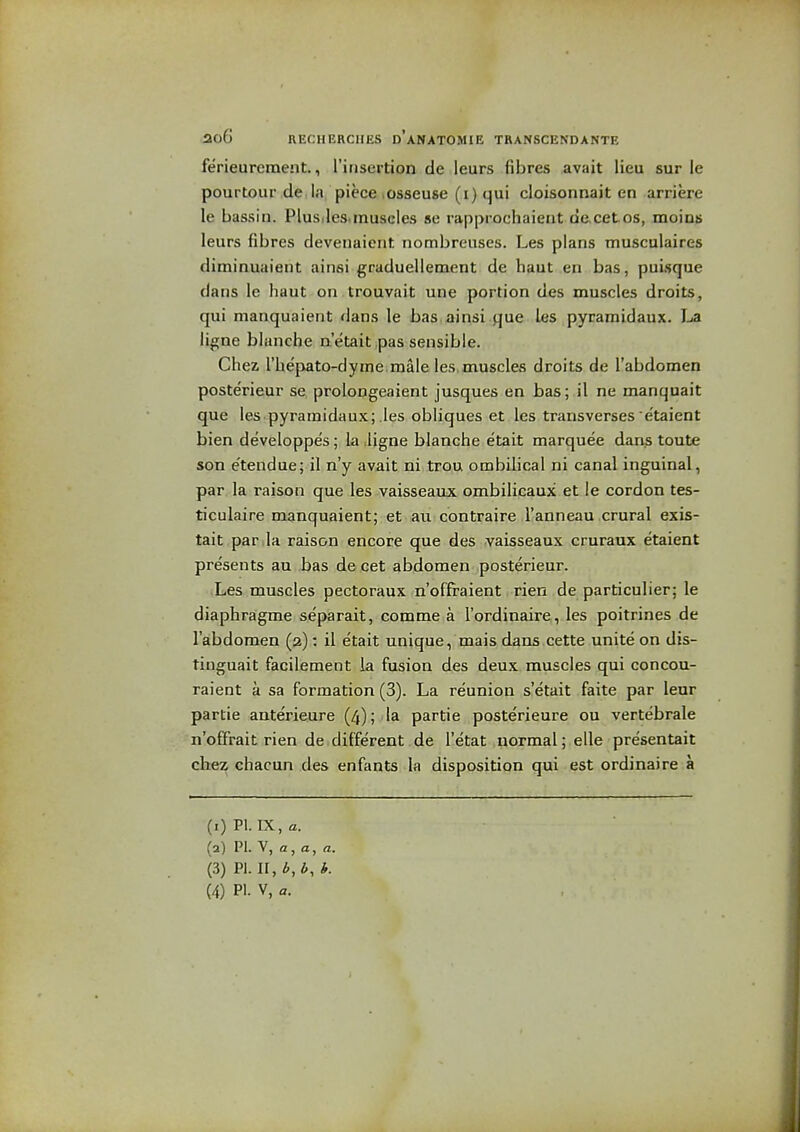 ferieurcraent., I'insertion de leurs fibres avait lieu sur le pourtour de. la piece lOsseuse (i) qui cloisonnait en arriere le bassiti. Plusiles.muscles se rapprochaient de cetos, moius leurs fibres devenaient nombreuses. Les plans musculaires diminuaient ainsi graduellement de haut en bas, puisque dans le haut on trouvait une portion des muscles droits, qui manquaient dans le bas ainsi que les pyraraidaux. I-.a ligne blanche a'etait pas sensible. Chez rUe'pato-dyme.male les,muscles droits de I'abdomen posterieur se prolongeaient jusques en bas; il ne manquait que les pyramidaux; les obliques et les transverses etaient bien developpes; la ligne blanche etait marquee dans toute son e'tendue; il n'y avait ni trou ombilical ni canal inguinal, par la raison que les vaisseaux ombilicaux et le cordon tes- ticulaire manquaient;-etvati contraire I'anneau crural exis- tait par.la raison encore que des vaisseaux cruraux etaient presents au bas de cet abdomen posterieur. Les muscles pectoraux n'offraient rien de particulier; le diaphragme separait, comme a I'ordinaire, les poitrines de I'abdomen (2): il etait unique, mais dans cette unite on dis- tinguait facilement la fusion des deux muscles qui concou- raient a sa formation (3). La reunion s'etait faite par leur partie anterieure (4); la partie posterieure ou vertebrale n'offrait rien de. different de I'etat normal; elle presentait chez chacun des enfants la disposition qui est ordinaire a (1) PI. IX, a. (2) PI. \, a,a, a. (3) PI. II, b, b, b.