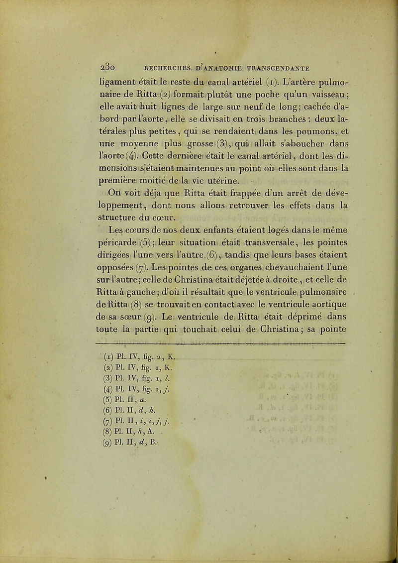 ligament etait le reste du canal arteriel (i). L'artere pulrao- naire de Ritta (2) formait plutot une poche qu'un vaisseau; elle avail) huit lignes, de large, sur neuf da long; cachee d'a- bord par I'aorte, elle se divisait en trois branches : deux la- te'rales plus petites, qui se rendaient. dans les poumons, et une moyenne plus grosse (3),. qui allait s'aboucher dans I'aorte(4). Cefcte derniere' etait le canal arteriel, dont les di- mensions s'etaient maintenuesau point Gu elles sont dans la premiere; moitie de la vie uterine. Oil voit deja que Ritta etait frappee d'un arret de deve- loppement, dont nous allons retrouver les effets dans la structure du coeur. Les coeurs de nos deux enfants etaient loges dans le meme pericarde (5);.leur situation etait transversale, les pointes dirige'es I'une vers rautre.(6),. tandis que leurs bases etaient opposees (y). Les pointes deces organes chevauchaient I'une sur I'autre; celle de Christina etait dejetee a droite, et celle de Ritta!a gauche; d'oii il resultait que le ventricule pulmonaire de Ritta (8) se trouvaiten contact avec le ventricule aortique de sa sceur (9). Le: ventricule de. Ritta etait deprime dans toute la partie qui touchait celui de Christina; sa pointe (1) Pi._iy,fig.2,K. (2) PI. IV, fig. I, K. (3) PI. IV, fig. I, /. (4) PI. IV, fig. i,y. (5) PI. II, a. (6) PI. ll,d,h. (8) PI. II, A, A. . (9) PI. n,d, B.-