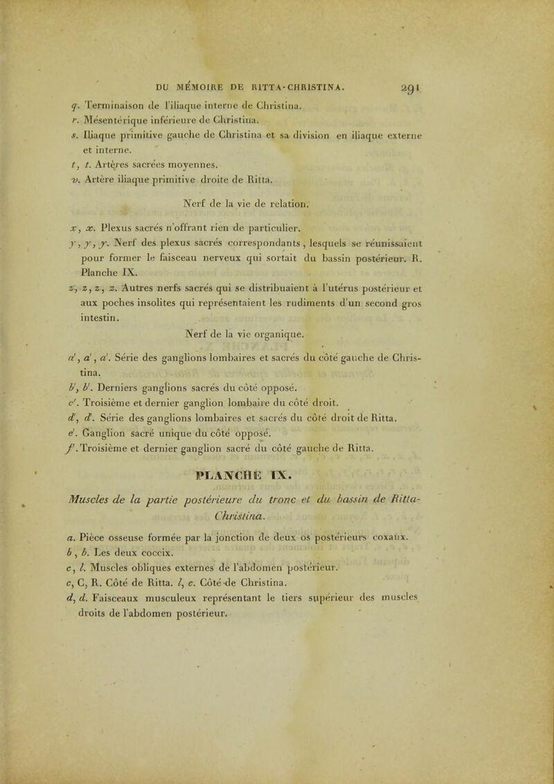 q. Terminaison ile I'iliaquc interne de Christina. r. Mesenterique infeiieure tie Christina. .V. Iliaqne primitive gauche de Christina et sa division en iliaque externe et interne. t, t. Arteres sacrees moyennes. Tj. Artere ihaque primitive droite de Rilta. Ncrf de la vie de relation. X, X. Plexus sacres n offVant rien de particulier. y, y y J- Nerf des plexus sacres correspondants , lesquels se reunissaient pour former le faisceau nerveux qui sortait du bassin posterieur. R. Planche IX. z;, a, a, z. Autres nerfs sacres qui se distribuaient a I'uterus posterieur et aux poches insolites qui representaient les rudiments d'un second gros intestin. Nerf de la vie organique. n\ a!, a'. Serie des ganglions lombaires et sacres du cote gauche de Chris- tina. b', b'. Derniers ganglions sacres du cote oppose. c'. Troisieme et dernier ganglion lombaire du cote droit. d', d. Serie des ganglions lombaires et sacres du cote droit de Ritta. e!. Ganglion sacre unique du cote oppose. y.Troisieme et dernier ganglion sacre du cote gauche de Ritta. PLANCHE IX. Muscles de la partie posterieure du tronc et du bassin de Ritla- Christina. a. Piece osseuse formee par la jonction de deux 6s posterieurs coxaux. 6, b. Les deux coccix. c, /. Muscles obliques externes de I'abdomen posterieur. c, C, R. Cote de Ritta. /, c. Cote-de Christina. d, d. Faisceaux musculeux representant le tiers superieur des muscles droits de I'abdomen posterieur.