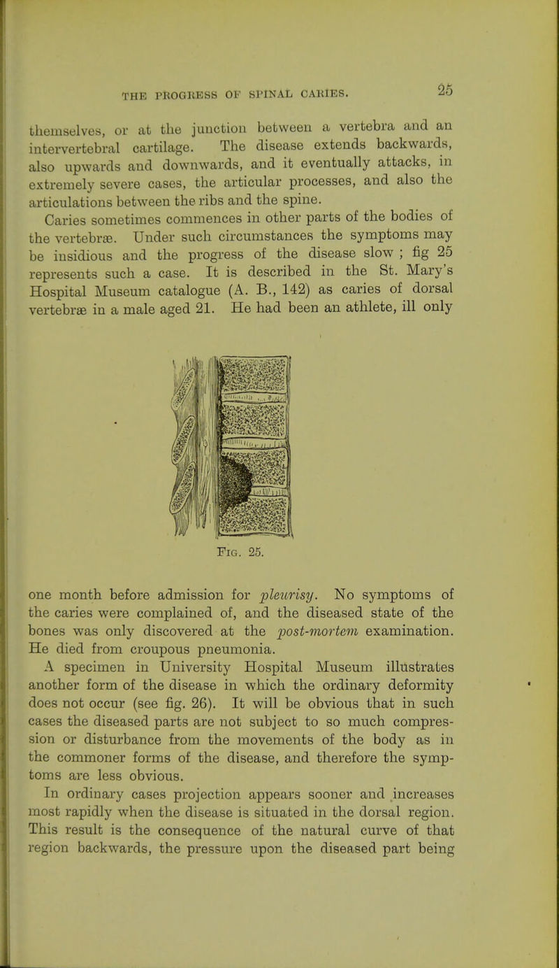 themselves, or at the junction between a vertebra and an intervertebral cartilage. The disease extends backwards, also upwards and downwards, and it eventually attacks, in extremely severe cases, the articular processes, and also the articulations between the ribs and the spine. Caries sometimes commences in other parts of the bodies of the vertebrae. Under such circumstances the symptoms may be insidious and the progress of the disease slow ; fig 25 represents such a case. It is described in the St. Mary's Hospital Museum catalogue (A. B., 142) as caries of dorsal vertebrae in a male aged 21. He had been an athlete, ill only Fig. 25. one month before admission for pleurisy. No symptoms of the caries were complained of, and the diseased state of the bones was only discovered at the post-mortem examination. He died from croupous pneumonia. A specimen in University Hospital Museum illustrates another form of the disease in which the ordinary deformity does not occur (see fig. 26). It will be obvious that in such cases the diseased parts are not subject to so much compres- sion or disturbance from the movements of the body as in the commoner forms of the disease, and therefore the symp- toms are less obvious. In ordinary cases projection appears sooner and increases most rapidly when the disease is situated in the dorsal region. This result is the consequence of the natural curve of that region backwards, the pressure upon the diseased part being