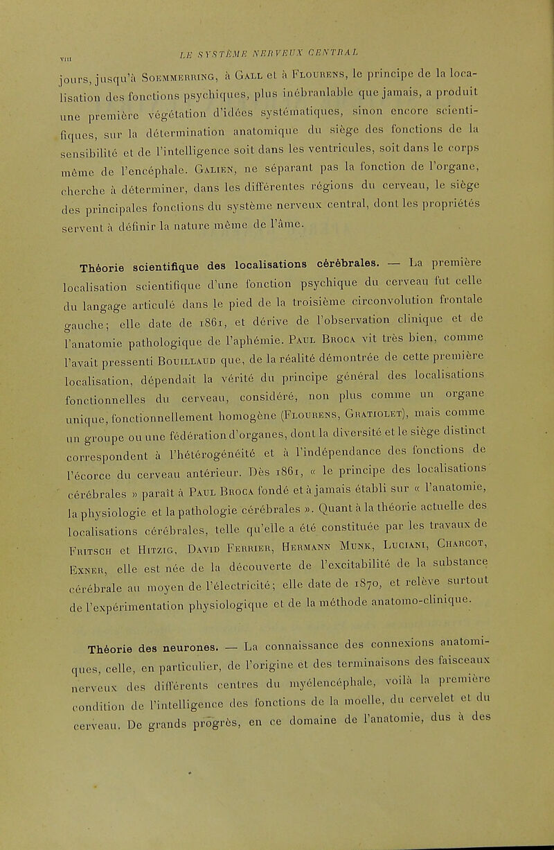 {i; .s)-.srA'.w/? NF.nvEVX CENrnAi. jours, jusqu'a SouMMERniNG, a Gall et a Flourens, le principe de la loca- lisation desfonctions psychiques, plus iiiebranlable que jamais, a produit une premiere vegetation d'id(!es systematiques, sinon encore scienti- fiqucs, sur la determination anatomique du siege des fonctions de la sensibilite et de I'intelligence soit dans les ventricules, soit dans le corps m6me de I'encephale. Galikn, ne separant pas la fonction de I'organe, cherche a determiner, dans les differentes r6gions du cerveau, le siege des principales fonclions du systeme nerveux central, dont les proprietes servent a defmir la nature meme de Tame. Th6orie scientifique des localisations c6r6brales. — La premiere localisation scientifique d'une fonction psychique du cerveau iut celle du langage articule dans le pied de la troisi6me circonvolution frontale gauche; elle date de 1861, et derive de I'observation clinique et de Tanatomie pathologique de l'aph6mie. Paul Broca vit tres bien, comme I'avait pressenti Bouillaud que, de la reality d6montree de cette premiere localisation, dependait la verite du principe general des localisations fonctionnelles du cerveau, considere, non plus comme un organe unique, fonctionnellement homogfene (Flourens, Guatiolet), mais comme un groupe ou une federation d'organes, dont la diversite et le siege distinct correspondent a rheterogeneit6 et a I'indSpendance des fonctions de I'ecorce du cerveau anterieur. Des 1861, « le principe des localisations cer6brales » parait a Paul Broca fonde eta jamais etabli sur « I'anatomie, la physiologic et la pathologie cerebrales ». Quant a la theorie actuelle des localisations cerebrales, telle qu'elle a ete constituee par les travaux de FuiTscH et HiTZiG, David Ferrier, Hermakn Munk, Luciani, Charcot, ExNER, elle est nee de la decouverte de I'excitabilite de la substance cerebrale au moyen de I'^lectricite; elle date de 1870, et releve surtout de I'experimentation physiologique et de la m6thode anatomo-clinique. Theorie des neurones. — La connaissance des connexions anatomi- ques, celle, en particulier, de I'origine et des terminaisons des faisceaux nerveux des differents centres du myelencephale, voila la premiere condition de I'intelligence des fonctions de la moelle, du cervelet et du cerveau. De grands pr6gres, en ce domaine de I'anatomie, dus a des