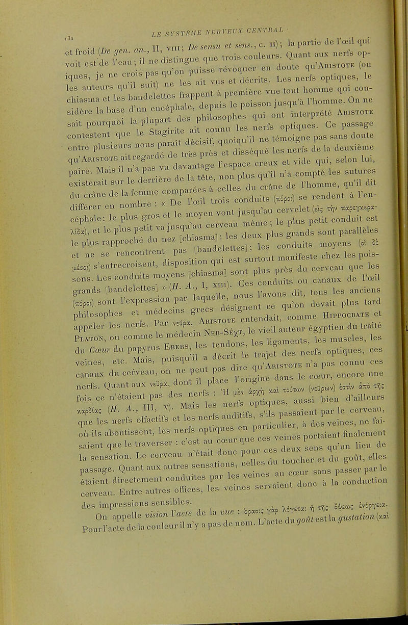 LE .Sr.STK.Ufi A/?/M'Rf/.V CF.NTnAI. los auteuvs <iu ,1 ..u ) ne U ^^^^^^^^ ^^^^^^^ chiasma el ks bandeleUef. Iiappent a p vhomme. On ne ,a..e la base ^X^^^ ^^-^''^-' *™ sail pou«,uo, IM'I „pUciues. Co passage coiileslent que le Slagi. It au c „e temoiRM pas sans do.Ue '':^:r'' rlX V. -n. S^l-espaoe Lux et vide c,ui, selon lui. paire. Mais il n a pas va aavai ^ i cornpt6 les sutures Liste.aU s„. le derri6ve de la t6te, - f a 'S L de 'homme, qu'il dit crtne de la fen,™e co»pa.ees ^l^^^^'; , ,e„. differer en nombre : <( De 1 ffiil tro ^„„, „ ..,.,,elet (ek ^wsT'-'?- cephale: le plus gros et le moyen vonl jusqu u ^ J ' xi, et le plus petit va jasc,u-au cerveau nte .e p us pe^^^^ ^^^^^^^^^ le plus rapproche du nez [ctasma . es et ne se rencontvent pas tl»i«l«f ' ^ ^^^jf^^^^ ,h , p„is- ^,.,) B'entreeroisent. d-P^'*''I' '^ du cervaau que les Les conduits /cIcLTs ^ll canaux d\ I'.il ffi-ands [bandelettes] » {H. A., 1, xiu,. ^^.^^^ r»po.),sont l-expvession pav '^^  ^'.t' devait plus tard 'pbilosopbes et ^edecins S-^/^^- ^.t.^^^^^e H,.poc„.t. et appeler les nerfs. Par -''^^.tZ^ly le vieil auteur egyptien du traile Pl,.TO», ou comme le medecin bE/T, ,es du C.» du papyt-us EBKns es - f r^^-fs optiques, ces veines, etc. Mats, pmsqu d deer Ic ^„„„„ canaux du ce,Veau on ne pent j.s d ,e u^^ ^^P^_ ^^^^^^.^ nerfs. Quant aux 1'!='?; „ .^ ^ (,=.p„v) feo * tois ce n'etaient pas des nerfs . H M W d'aiUeurs (//. I..;)- 'i:,::«r l p:ssaientparle cervean, ,ue les nerfs clfacttts et les f f J,;;^ P;,,, , des veines. ne fai- ou ils aboulissent, les nerfs opt.ques 1 „„,.taient finalemcnt saient que le traverser : cest au cosurque '■^^ « ,,„„ de U sensiticn. Le cerveau n'etait done pour c de x ,^ ^^^^^ passage. Quant aux autres sensat.ons, -^f ,ans pafser par le elaient directement conduvtes par les vemes » '■°=' P conduction cerveau. Entre autres offices, les ve.nes servaienl done des impressions sensibles. On appelle ««« facte de la vm : °''^;.-<'''--^ll;^^^^^^