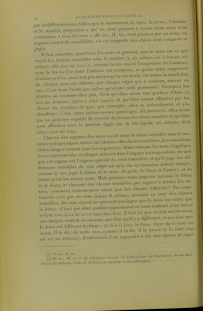 pir lesdifferents sens, telles que le moicvement, le repos, la forma, Vdlenduo. et le nombrc, propriet6s « qui ne sent propres a aucun sens, mais sont communes a tous les sens » [De an., H, vi), sonl percues par un sens, on oro-ane central de sensibilite, ou ces rapports des objets sont compares et ^8 jurjes II Taut admettre, pour tous les sens en general, que le sens est ce qm recoitles formes sensibles sans la matiere a^Ov^aic e... .o osa..v.cv ... abO-oxcov slBcov avs. a,,) (i), comme la cire recoit Temprexnte de 1 anneau, sans le fer ou Tor dont Fanneau est compose, et garde cette emprein e d'airain ou d'or ; mais non pas en tant qu'or ou airain. De m6me la sensibdite de chaque sens est affectee par chaque objet qui a couleur, saveur ou son. G'est dans raWG,.^p.ov .pSxov qu'existe; celte puissance. Pourquox les plantes ne sentent-elles pas, bien qu'elles aient une portion d ame L 0... aloeive^c, Ixovx. n ,.p.. ^x^v) et qu'elles so.ent affee ees par les dioses du toucher, et que, par exemple, elles se -froubssen et s e chaulFent? G'est, entre autres causes, parce que, ditAniSTOTK, elles n on pas un principe capable de recevoir les formes des choses sensibles et qu elles sont affectees avec la matiere {l.m> oiav xa ei'Sv, SsxeaOa. xa,v a.aO.x.v, aAXa ChLun des organes des sens recoit done la chose sens.b e sans la ma- tiere; voila pourquoi, m6me enI'absence des choses sensibles, des sensations et des images restent dans les organes (.). Ainsi chacun des sens s appbc^vu. a son sujet sensible, et chaque sens est dans Torgane eorrespondant, en tant que cet organe est I'organe special du sens considere et qu il juge ks di - ferences sensibles de son objet (.al y-pi'vec xa? xou u^o-/.e.i;ivou a.aO-^xoD ca^opa;), comme la vue juge le blanc et le noir ; le gout, le doux et 1 amer ; e de mfime pour les autres sens. Mais puisque nous jugeons (v.p...ci.e.) le et le doux, et chacune des choses sensibles par rapport a toutes les au- comment sentons-nous aussi que les choses ^~ vement c'est par un sens Ir, M,^^), puisque ce sont ^^^^^^ sensibles. Des sens separes ne peuvent pas juger que le doux est^ autre que le blanc : il fcmt que deux qualilds apparaissent en toule emdenee a un seal u,uque sens (aXa BeT av( x... a,,. B^Xa elva-.). H faut ici que ce soU ^^etrecmu^ sens unique, central etcommun, qui dise qu'il y a d^fferenee, et qu. dise que le doux est different du blanc : M ol xo h Xsys.v ix. sxepcr Ixepov y.p xo yX..-. xcu 11 le dit; de sorte que, comme il le dit, il le pense et le sent (o.xco va-. ,A aWOivexaO- Evidemment il est impossible d des sens sdpares de jugu (i) Dc an., 11, XII. „ . ., g.^^ j-j),. (a) ne an., Jll, n. xo yip alaOripripiov S£-/.-'/.iv too alaOriToD avcO xr,; uAvi?