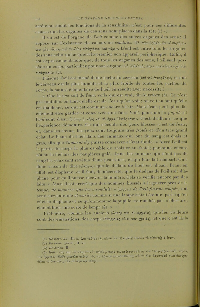 arr6te on abolit Ics fonctions de la sensibilite : c'est pour ces differenLes causes que les organes de ces sens sont plac6s dans la tdle (i) ». Tl en esl de I'org-ane de Voeil comme des autres organes des sens : il repose sur I'existence de canaux ou conduits. To twv cipOaXi;.wv aWO-/)rr,p'iv effti \)h, Maitep /.ai xa oAXa ai(jO-r)Top'.a, k%i TOpuv. L'ceil est entre tons les organes des sens celui qui acquiert le premier son appareil periphericjue. Enfin, il est expressement note que, de tous les organes des sens, Tojil seiil pos- s6de un corps particulier pour son organe, 6 5'oipOaXiJ-oc awjj.x i;.dvsv -oiov 'iyz: -wv ataOY)T-r)pi'{i)V (2). Puisque Fceil est forme d'une partie du cerveau (ktoxou b(y,zo!xkoM), et que le cerveau est la plus liumide et la plus froide de toutes les parties du corps, la nature elementaire de Tceil en resulte avec n6cessit6 : « Que la vue soit de Veau, voila qui est vrai, dit Aristote (3). Ce n'est pas toutefois en tant qu'elle est de Feau qu'on voit; on voit en tant qu'elle est diaphane, ce qui est commun encore a Fair. Mais Feau peut plus fa- cilement 6tre gardee et conservee que Fair. Voila pourquoi la ]yupille et Voeil sont d'eau (SioTCsp -q /.opy) y.al to o^ax uoaxoq bxiv). C'est d'ailleurs ce que Fexperience d6montre. Ce qui s'ecoule des yeux blesses, c'est de Feau; et, dans les foetus, les yeux sont toujours tres froids et d'un tres grand 6clat. Le blanc de Foeil dans les animaux qui ont du sang est epais et gras, afin que Vhumeur s'y puisse conserver aF6tat fluide. » Aussi Foeil est la partie du corps la plus capable de r6sister au froid; personne encore n'a eu le dedans des paupieres gele. Dans les animaux qui n'ont pas de sang les yeux sont revetus d'une peau dure, et qui leur fait rempart. On a done raison de dire (euXoyw?) que le dedans de Foeil est d'eau; Feau, en effet, est diaphane, et il faut, de necessite, que le dedans de Foeil soit dia- phane pour qu'il puisse recevoir la lumi^re. Cela se verifie encore par des faits. « Ainsi il est arrive que des hommes blesses a la guerre pres de la tempe, de majiiere que les « conduits » (iropoug) de I'oeil fussent coupes, ont senti survenir une o6sctmVe comme si une lampe s'etait eteinte, parce qu'en eflfet le diaphane et ce qu'on nomme la pupille, retranches par la blessure, etaientbien une sorte de lampe {h). » Pretendre, comme les anciens (wairep y.al o\ ap^aToi), que les couleurs sont des emanations des corps (i-oppotag sivai xag xP^'^Oj ^\^^ c'i,'s>\. la la (1) De paiL. an., II, x. Ata taij-a; -a; ai-ia? ev y.E^aXfj toutwv ta aiaOrjTijpta ecrxiv. (2) De aniin. gencr., II, vi. (?>) De sensu, II. (/)) Jhid., rfi-r\ yap Ticri TrXriyaiaiv hi T.Q\i\i.M 7:apa rov /.po'taoov ojtw; wjt:' £y.t|j.T]Ofivai tou; -dpoo; Tou 0jj.jj.aT0;, k'So^s yevEaOai oy.OTO;, wa-£p Xyyvou aTioaSEaOevTo;, S'.a to oiov la;j.--fipa Ttvot azoTjir,- Ov^a'- TO Staipave's, Tr)v y.aXoujj.evTjv xdprjv.