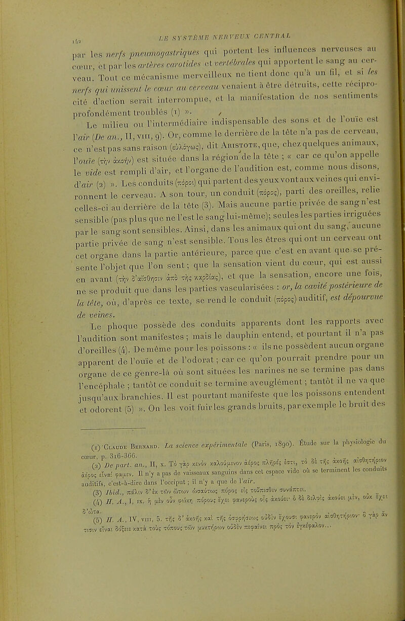 IJ,: SY.STEMF. NEnVEUX CICM'llAl. par les nerfs pneimogaslrirjws qni portoi.L Ic.s influences nerveuses au ouHir et par les ar^^'m' carolidrs ct yer/^imte qui apportent le sang au cer- veau.' Tout ce m6canisnu. imM veilleux no tient done qu'a un fil, et si les nerfs qui unment le c^ur au cermau venaient a 6ti-e detruits, cette r6cipro- cit6 d'action sevait interrompue, ot la manifestation de nos senl.ments profondement trouJjles (t) ». , , „ .. Le milieu ou rintcrmediaire indispensable des sons et de 1 ou.e est Vah' [De an., 11, vm, g)- Or, comme le derrifere de la t6te n'a pas de cerveau, ce n'est pas sans raison (siXoyo),), dit Aristot., que, cliez quelques animaux, Voitie (vrr> «v..r^v) est situee dans la r6gion de la t6te ; « car ce qu'on appelle le vide est rompli d'air, etl'organe de I'audition est, comme nous disons, d'azV (2) ». LesconduitsMpcOquipartentdesyeuxvontauxveinesquienvi- ronnent le cerveau. A son tour, un conduit ^poc), parti des oreilles, relie celles-ci au derri6re de la t6te (3). Mais aucune partie privee de sangn est sensible (pas plus que ne Test le sang lui-meme); seules les parlies irrigu6es par le sang sont sensibles. Ainsi, dans les animaux quiont du sang, aucune partie privee de sang n^est sensible. Tous les 6tres quiont un cerveau ont cet organe dans la partie anterieure, parce que c'est en avant que-se pre- ' sente Fobjet que Ton sent; que la sensation vieut du coeur, qui est aussi en avant (w; S'aiaO-o.iv a.= -/.xpBia?), et que la sensation, encore une fois ne se produit que dans les parties vascularisees : or, la cavite postenewe de la tke, ou, d'aprfes ce texte, se rend le conduit [r.o^o,) auditif, est depourvne VGZflGS, Le phoque possede des conduits apparents dont les rapports avec I'audition sont manifestes ; mais le dauphin entend, et pourtant il n'a pas d oreilles (4). Dem6me pour les poissons : « ilsne poss6dent aucun organe apparent de Touie et de I'odorat; car ce qu'on pourrait prendre pour un organe de ce genre-la ou sont situees les narines ne se termine pas dans I'encephale ; tantot ce conduit se termine aveuglement; tantot il ne va que jusqu'aux branchies. II est pourtant manifeste que les poissons entendent et odorent (5) >.. On les voit fuirles grands bruits, par excmple le bruit des (I)'Claude Ber^aud. La science experunentak' (Paris, 1890). Etude sur la physiologic du occur, p. 3i6-3GG. , ^, „ . - • n ' n Ca) Be part, an., II, x. To yip xev6v xaXouiJ-Evov ae'po; izlfipk eart, to oe tt,; axor); a..aJri.r,p-.ov aE'po; Elva' oaj^Ev. II n'y a pas dc vaisscaux sanguins dans cet cspace vide ou se Icrmincnt les conduits au'dilifs, c'cst-k-dirc dans I'oociput; il n'y a que de Vair. (3) Ihid., naXiv o'ex tiov loTtov t'laauTU); -dpo; ei; Tou;iia0£v cruva--£i. ^ (/,) //. A., I, IX. ^l iJ.h oOv ooixTj -rjpo'j; l/u aavspou; 0I5 axoiisi- 6 Se oeX?'; ixouEi [xev, oux v/v.  ^'(5) //. A., IV, vni, 5. T^; S'ixo^; xal -f,; iorapriaioj; ouSiv r/^oucn^oavEpov abOrjTrj'p'.ov o T^^ Ticriv eTvai od?£iE xaxa xou; tokou; xwv iwxTrlpwv ouoev ZEoaivEi -pd; tov SYXEsaXov...