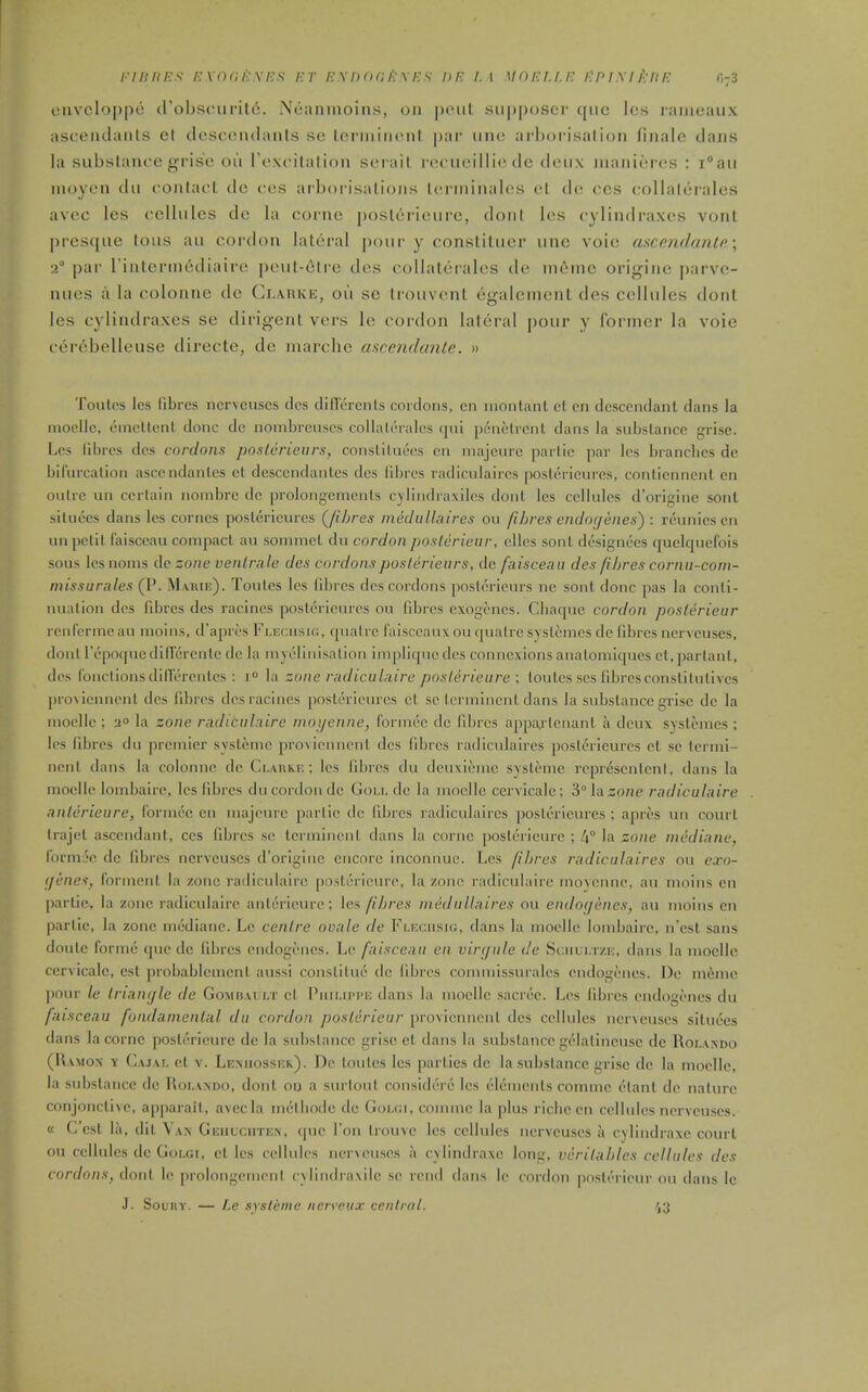 rinriEs r:\nai':\i:s irr /?.voor;/V\7;.S' nr: i. i voei.i.e i>piMl:itF. e.-s oiivcloppo crobscurit6. Noanmoins, on peiil supposer que les raiiteaux asceiidanls el clesceiKlants se l(>niiiii(Mil par iinc arboi'isalioii finale dans la substance grise oii rexcilalion sei ail rccueillie de deux inanieres : i°au moyen du contact dc ces arbocisalions tenninalcs ct do ccs collalerales avec les cellules do la corno poslorieurc, dont les cylindraxcs vont pi-esque tons au cordon lateral pour y constituer une voie ascen<lante \ a par Tinterni^diaire peut-elre des collatcralcs de ui6mc origine parvc- nues a la colonne de Clarke, ou se lioiivcnt egalcment des cellules dont les cylindraxes se dirigent vers le cordon lateral pour y Ibnner la voie cerebelleuse directe, de marche ascendante. » Toutcs les fibres nervcuscs cics dinereiils cordons, en inontant ct en descendant dans la inocllc, eineltcnl done dc nombrcnscs collali'-ralos qnl puaclrcnt dans la substance grise. Les fibres dos cordons poslcrieiir.s, consliUiccs cn majeure parlie par les brandies de bifurcalion ascendantes et descendantes des fibres radlculaires poslei-lcures, contiennent cn oulre un certain nombre de proloiigcmcnts cyfiiidraxiles dont les cellules d'origine sont silnees dans les cornes posterieures (fibres medullaires ou fibres endncjenes) : reuniescn un pelil faisceau compact au soinmel du cordon poslerieur, elles sont designees quelcpiefois sous Icsnonis Ac zone venlra le des cordonsposlerienrs, de faisceau des fibres cornu-com- missurnles (P. Marie). Toules les fibres des cordons poslericurs ne sont done pas la conti- nuation des fibres des racincs posterieures ou fibres exogencs. Cbaque cordon poslerieur renfcrmeau moins, d'apres Fj.ncusin, quatrc laisccauxou cpiaU-c syslemcs de fibres nerveuses, dont repoquedilTercntc dc la niyeliiiisalioii implicpie des connexions aiialomiques et, parlant, des rouctionsdilTercules : i° la zone radicuUiire poslerieare ; loulcs .ses fibresconstilutives pro\iennent des fibres des racincs posterieures el se terminent dans la substance grise dc la moellc ; 3° la zone radiculaire moijenne, formee dc fijjres apparlcnant a dcu\ systemes ; les fibres du premier systemc provienncnl des fil)res radiculaires posterieures ct se tei-mi- nenl dans la colonne de Ci.Ankn; les fibres du deuxieme systeme represcnlcnl, dans la moelle lonibaire, les fibres du cordon de Goll de la moclle cervicalc; 3° la zone radiculaire anlerieure, formee en majeure parlie de fibres radiculaires posterieures ; apres un court Irajet ascendant, ccs fibres se terniiiieut dans la coruc poslericui'c ; l\° la zone medinne, I'ormje de fibres nervcuscs d'origine encore inconnue. Les fibres radiculaires ou exo- (jenes, Ibrment la zone radiculaire posterieure, la zone radiculaire movennc, an moins cn partic, la zone radiculaire antcrieure; les fibres medullaires ou endoffenes, an moius cn partic, la zone mcdianc. Lc centre ovale de Fi.kciisk;, dans la moelle lombairc, n'est sans doute forme que de fibres endogenes. Le faisceau en virgiile de Sciili.izi;, dans la mocllc cervicalc, est probablenient aussi conslitue de fibres comniissurales endogenes. De m6mc pour le Iriancjle de Gombault ct Pmiuppe dans la moelle sacrec. Les fibres endogenes du faisceau fondamenlal du cordon poslerieur provienncnl des cellules nervcuscs silnees dans la cornc posterieure de la substance grise et dans la substance gelalincusc dc Rolando (Ramon y Cajai, ct v. Lenhosskr). De toules les parties de la substance grise de la moelle, la substance dc Rolando, dont on a surtout considere les elements commc elanl de nature conjonclive, apparait, avec la metliodc dc Goi-ci, commc la plus riclic en cellules nervcuscs. « C'cst la, dit Van GicnucmKN, (|ue Ton Irouve les cellules nervcuscs a cylindraxc court ou cellules de GoLGi, et les cellules ner\euses a cylindraxc long, vcrilables cellules des cordons, dont lc prolongemeni cNlIndraxilc .se rend dans le cordon poslerieur ou dans lc J. SouRY. — Le srsteme nervoux central. 43