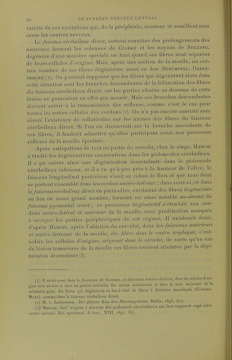 variete tie ccs excitations qui, de la peripherie, niontcul el assailieat sans cesse les centres nerveux. Le fauceau cf^rcbelleicx direct, surtout consLilue dos prolongenienls des neurones formant les coloriaes de Ciauke et les noyaux de Stilling, deo(inei'c d'une mani6re speciale en haut quand ses fibres sont separees de leurs cellules d'originc. Mais, apres une section de la.inoelle, iin cer- tain nombre de ses libres deg6nerent aussi en bas (Strumpell, Daxen- berger)(i). Oh pourrait supposer que les fibres qui d6gen6rent alors dans cetle direction sont les branches descendantes de la bifurcation des fibres du faisceau c6rebelleux direct, car les parties situees au-dessous de cetlc lesion ne pourraient en effet que inourir. Mais ces branches descendanles doivent servir a la transmission des reflexes, comme c'est le cas pour toutes les autres cellules des cordons (2). On n'a pas encore constate avec surete I'existence de collaterales sur les axones des fibres du faisceau c6rebelleux direct. Si Ton en decouvrait sur la branche ascendante de ces fibres, il faudrait admettre qu'elles participent aussi aux processus reflexes de la moelle epiniere. Apr6s extirpations de tout ou partie du cervelet, chez le singe, Marciii a 6tudi6 les degenerations consecutives dans les pedoncules cerebelleux. II a pu suivre ainsi une degeneration descendante dans le pedoncule c6rebelleux inferieur, et il a vu qu'a peu pres a la hauteur de Tolive, le faisceau longitudinal posterieur s'unit au ruban de Reil et que tous deux se portent ensemble dans les cordons antero-lateraux ; dans ceux-ci, et dans le faisceau cerebelleux direct en parliculier, cxistaient des fibres deg6nerees en bas en assez grand nombre, formant un amas notable au-devant du faisceau pyramidal croise; ce processus degeneratif s'etendait aux cor- dons antero-lateral et antcrieur de la moelle, avec predilection marquee a occuper les parties peripheriques de cet organe. II existerait done, d'aprcs ^Iauchi, apres I'ablation du cervelet, dans les faisceaux anlerimrs et antero-lateraux de la moelle, des fibres dont le centre trojihique, c'est- a-dire les cellules d'origine, siegerait dans le cervelet, de sorte qu'en cas de lesion transverse de la moelle ces fibres seraient atteintes par la deffe- ndration descendante (3). (1) 11 cxiste aussL dans le faisceau de Govvers, on faisceau anlero-lateral, dontles cellules d'orl- glne sont situees cl dans les parties centrales des cornes anlerieures et dans la zone moyenno de la substance grise, des fibres qui degen&rcnt en bas h cute de fibres !i direction ascendante (Gowers, Mott), commc dans le faisceau cerebellcux direct. (2) M. V. Lenhossek. Dor feincre Bau des Nen'ensystems. Berlin, i8(j5, ^07. (3) Mauchi. Suli origine c decorso dei pcduncoU cerebellari e sui lore rapporti cogli altri ceiUri iicrvosi. Biv. sperimcnl. di frcn., XVII, 1891, 307.