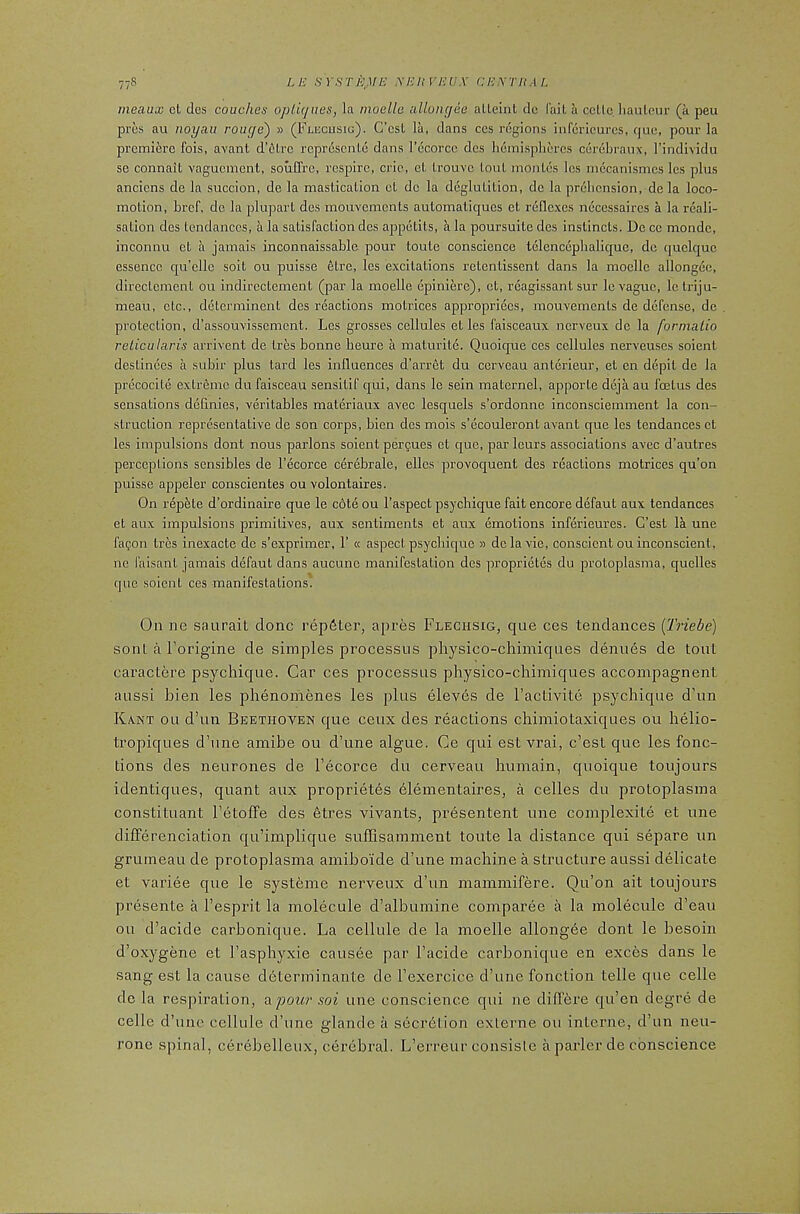77S LE SVSTE^ME .\EllVEUX CEXTHAL meaux cl des couches oplicjnes, la moelle allongee alleint do fait a ccUc liauleur (a peu pres au noyau rouge') » (Flecusig). C’cst la, dans ccs regions infcricurcs, quo, pour la premiere fois, avant d’6lrc rcprescnle dans l’6corce des hemispheres cerehraiix, I’individu se connait vaguement, soulTrc, respire, eric, el Irouvc Loul monies Ics mecanismes les plus anciens de la succion, de la maslicalion cl dc la deglulition, do la prehension, de la loco- molion, href, dc la pluparl des mouvemcnls aulomaliques el reflexes necessaircs a la reali- salion des lendanccs, a la sallsfaclion des appelils, la poursuile des inslincls. Dc cc mondc, inconnu el a jamais inconnaissable pour toule conscience lelencephaliquc, dc quclquc essence qu’ellc soil ou puisse elre, les excilalions rclenlissenl dans la moelle allongee, direclcmcnt ou indireclemenl (par la moelle epinierc), cl, reagissanl sur le vague, Iclriju- meau, etc., delerminent des reactions motrices appropriecs, mouvemcnls de defense, de . protection, d’assouvissement. Les grosses cellules el les faisceaux nerveux dc la formalio reticularis arrivent de Ires bonne heure a maturite. Quoique ces cellules nerveuscs soient deslinees a suhir plus lard les influences d’arret du cerveau anterieur, el en depil de la precocile extreme du faisceau sensilif qui, dans le sein maternel, apporte deja au foetus des sensations defmies, veritables materiaux avec lesquels s’ordonne inconsciemment la con- struction representative de son corps, bien des mois s’ecouleront avant que les tendances et les impulsions dont nous parlons soient pergues et que, par Icurs associations avec d’autres perceptions sensibles de I’ecorce cerebrale, ellcs provoquent des reactions motrices qu’on puisse appeler conscientes ou volontaires. On r4pfete d’ordinaire que le cote ou I’aspect psychique fait encore defaut aux tendances et aux impulsions primitives, aux sentiments et aux emotions inferieures. G’est Ik une faQon Ires inexacte de s’exprimer, 1’ « aspect psychique » dclavie, conscicntouinconscient, ne faisant jamais defaut dans aucunc manifestation des proprietes du protoplasma, quclles que soient ces manifestations. On ne saurait done repfiter, apres Flechsig, que ces tendances {Triebe) sont a Forigine de simples processus physico-chimiques denues de tout caractere psychique. Gar ces processus physico-chimiques accompagnent aussi bien les phenomenes les plus eleves de I’activite psychique dhm Kant ou d’un Beethoven que ceux des reactions chimiotaxiques ou helio- tropiques d’une amibe ou d’une algue. Ce qui est vrai, e’est que les fonc- tions des neurones de I’ecorce du cerveau humain, quoique toujours identiques, quant aux proprietes 61ementaires, a celles du protoplasma constituant I’etoffe des etres vivants, presentent une complexite et une dilFerenciation qu’implique suffisamment toute la distance qui separe un grumeau de protoplasma amibo'ide d’une machine a structure aussi delicate et variee que le systeme nerveux d’un mammifere. Qu’on ait toujours presente a I’esprit la molecule d’albumine comparee a la molecule d’eau ou d’acide carhonique. La cellule de la moelle allongee dont le besoin d’oxygene et I’asphyxie causee par I’acide carhonique en exces dans le sang est la cause d6teririinante de I’exercice d’une function telle que celle dc la respiration, o^pour soi une conscience qui ne diff6re qu’en degre de celle d’une cellule d’une glande a secr6tion exlerne ou interne, d’un neu- rone spinal, cerebelleux, cei'ebral. L’erreur consisle a parler de conscience