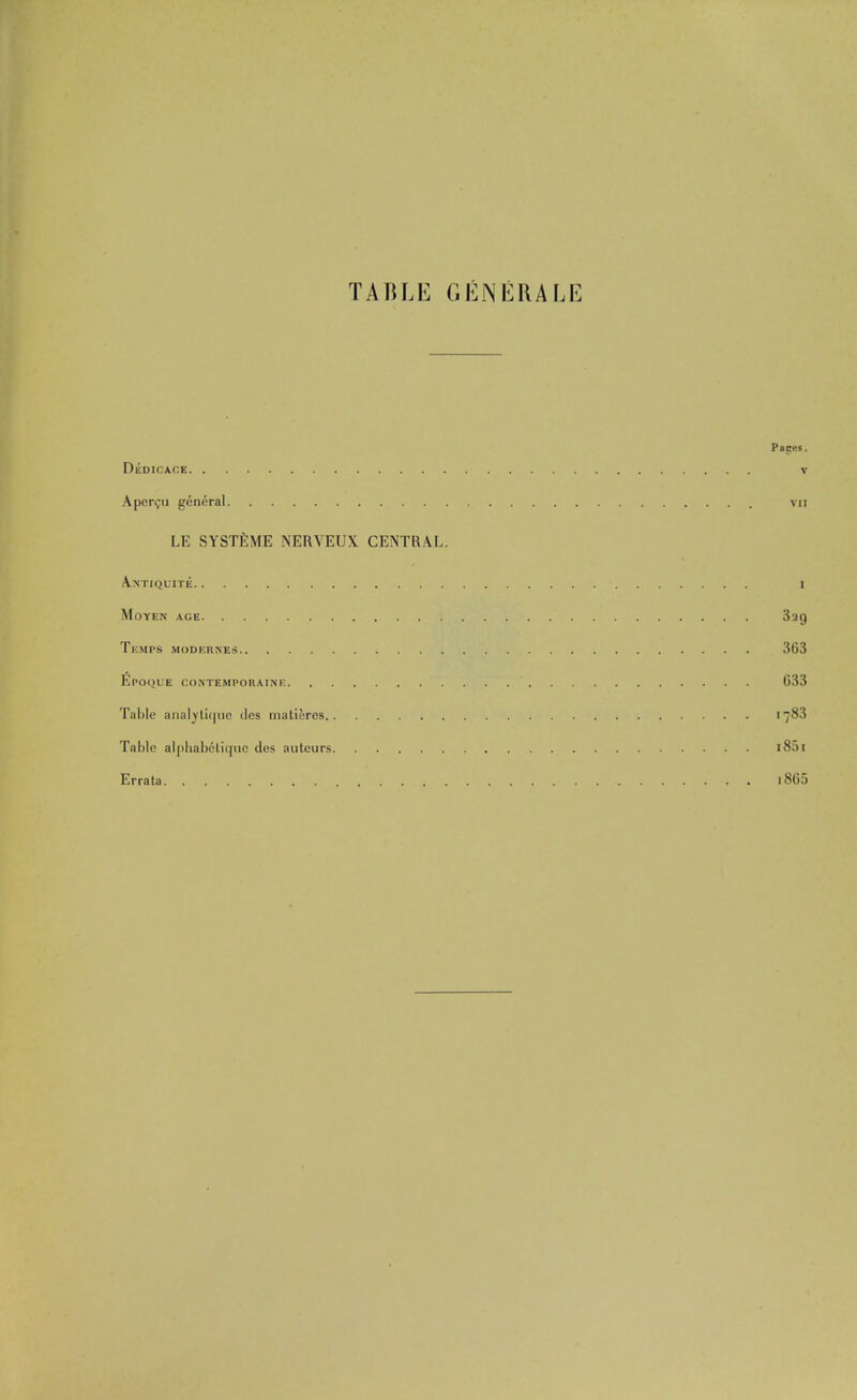 TAIU.E GENERALE Pages. Dedicace V .\per<;u general vii LE SYSTfiME NERVEUX CENTRAL. Antiquite I Moyen ace 3ac) Te.mps .modernes 3C3 Epoque coxtemporaink C33 Table analylique ties matieres 1783 Table al])babclit[iic des auteurs i85i Errata |8G5