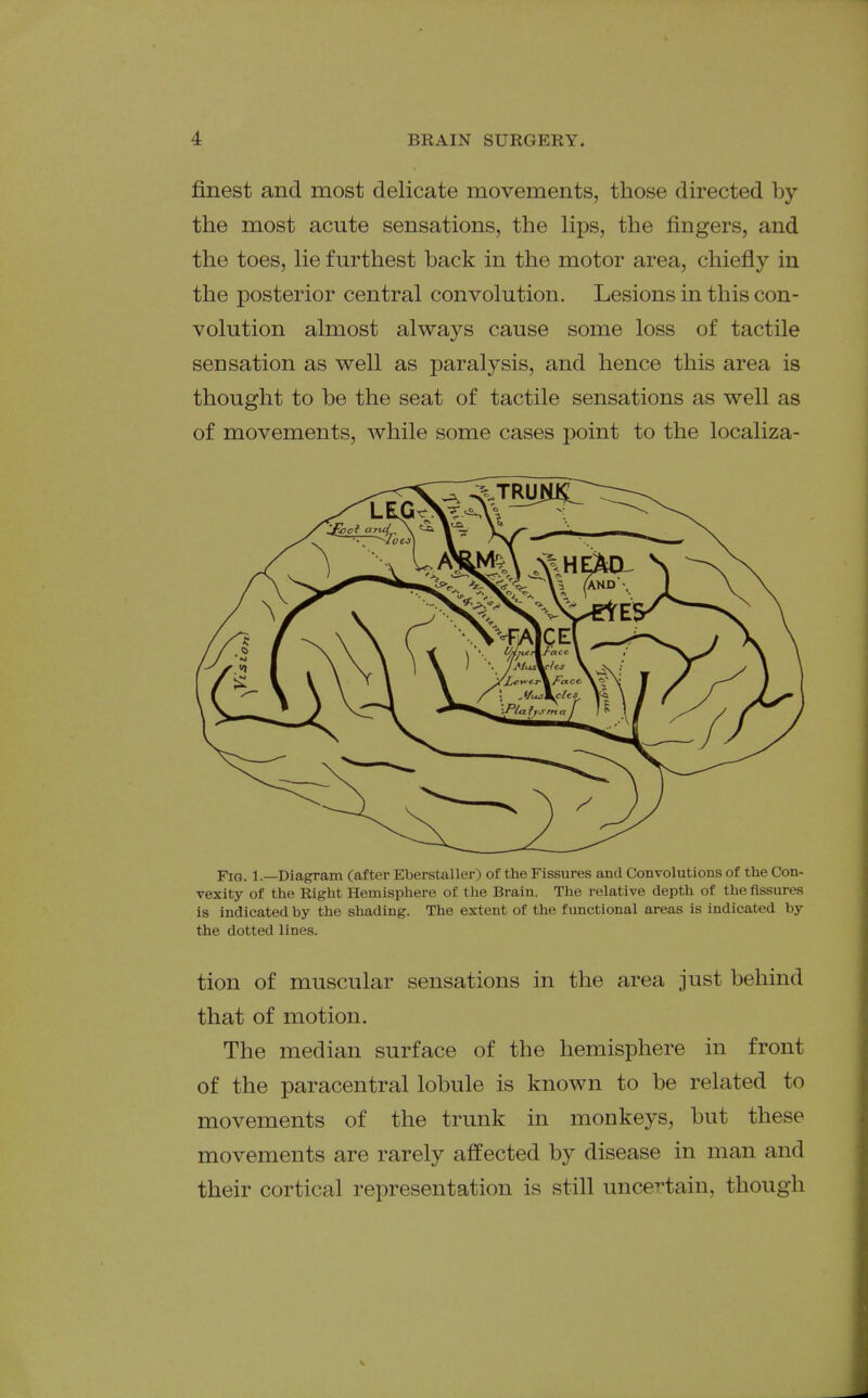finest and most delicate movements, those directed by the most acute sensations, the lips, the fingers, and the toes, lie furthest back in the motor area, chiefly in the posterior central convolution. Lesions in this con- volution almost always cause some loss of tactile sensation as well as paralysis, and hence this area is thought to be the seat of tactile sensations as well as of movements, while some cases point to the localiza- FiG. 1.—Diagram (after Eberstaller) of the Fissures and Convolutions of the Con- vexity of the Right Hemisphere of the Brain. The relative depth of the fissures is indicated by the shading. The extent of the functional areas is indicated by the dotted lines. tion of muscular sensations in the area just behind that of motion. The median surface of the hemisphere in front of the paracentral lobule is known to be related to movements of the trunk in monkeys, but these movements are rarely affected by disease in man and their cortical representation is still uncertain, though