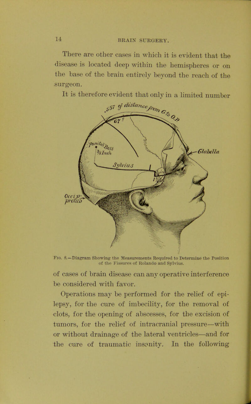 There are other cases in which it is evident that the disease is located deep within the hemispheres or on the base of the brain entirely beyond the reach of the surgeon. It is therefore evident that only in a limited number Fig. 8.—Diagram Showing the Measurements Required to Determine the Position of the Fissures of Rolando and Sylvius. of cases of brain disease can any operative interference be considered with favor. Operations may be performed for the relief of epi- lepsy, for the cure of imbecility, for the removal of clots, for the opening of abscesses, for the excision of tumors, for the relief of intracranial pressure—with or without drainage of the lateral ventricles—and for the cure of traumatic insanity. In the following