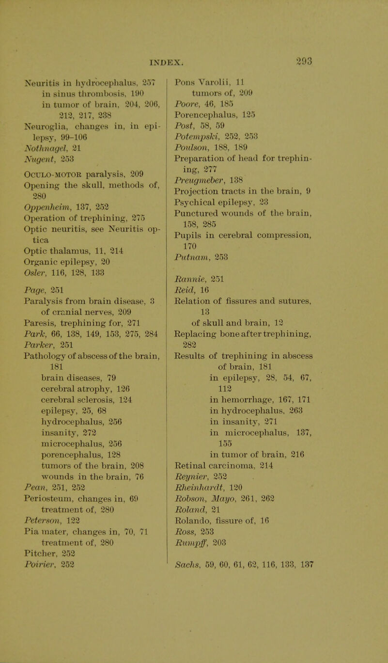 Neuritis in hydroceplialus, 257 in sinus thrombosis, 190 in tumor of brain, 204, 206, 212, 217, 238 Neuroglia, changes in, in epi- lepsy, 99-106 JSotJuiagel, 21 Nugent, 253 OcuLO-MOTOR paralysis, 209 Opening the skull, methods of, 280 Oppenlieim, 137, 252 Operation of trephining, 275 Optic neuritis, see Neuritis op- tica Optic thalamus, 11, 214 Organic epilepsy, 20 Osier, 116, 128, 133 Page, 251 Paralysis from brain disease, 3 of cranial nerves, 209 Paresis, trephining for, 271 Park, 66, 138, 149, 153, 275, 284 Parker, 251 Pathology of abscess of the brain, 181 brain diseases, 79 cerebral atrophy, 126 cerebral sclerosis, 124 epilepsy, 25, 68 hydrocephalus, 256 insanity, 272 microcephalus, 256 porencephalus, 128 tumors of the brain, 208 wounds in the brain, 76 Pean, 251, 252 Periosteum, changes in, 69 treatment of, 280 Peterson, 122 Pia mater, changes in, 70, 71 treatment of, 280 Pitcher, 252 Poirier, 252 Pons Varolii, 11 tumors of, 209 Poore, 46, 185 Porencephalus, 125 Post, 58, 59 Potempski, 252, 253 Poulson, 188, 189 Preparation of liead for trephin- ing, 277 Preugnieber, 138 Projection tracts in the brain, 9 Psychical epilepsy, 23 Punctured wounds of the brain, 158, 285 Pupils in cerebral compression, 170 Putnam, 253 Rannie, 251 Reid, 16 Relation of fissures and sutures, 13 of skull and brain, 12 Replacing bone after trephining, 282 Results of trephining in abscess of brain, 181 in epilepsy, 28, 54, 67, 112 in hemorrhage, 167, 171 in hydrocephalus, 263 in insanity, 271 in microcephalus, 137, 155 in tumor of brain, 216 Retinal carcinoma, 214 Reynier, 252 Rheinhardt, 120 Robson, Mayo, 261, 262 Roland, 21 Rolando, fissure of, 10 Ross, 253 Rumpff, 203 Sachs, 59, 60, 61, 62, 116, 133, 137
