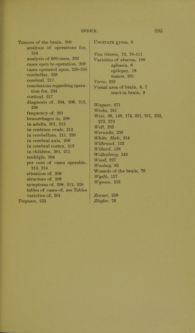 Tumors of the brain, 200 analysis of operations for, 216 analysis of 600 cases, 202 cases open to operation, 209 cases operated upon, 220-250 cerebellar, 238 cerebral, 217 conclusions regarding opera- tion for, 254 cortical, 217 diagnosis of, 204, 206, 212, 238 frequency of, 201 hemorrhages in, 208 in adults, 201, 212 in centrum ovale, 212 in cerebellum, 211, 238 in cerebral axis, 209 in cerebral cortex, 212 in children, 201, 211 multiple, 204 per cent of cases operable, 213, 214 situation of, 209 structure of, 208 symptoms of, 208, 212, 238 tables of cases of, see Tables varieties of, 201 Twynam, 253 Uncinate gyrus, 8 Van Gieson, 72, 78-111 Varieties of abscess, 180 aphasia, 6 epilepsy, 19 tumor, 201 Verco, 252 Visual area of brain, 6, 7 tract in brain, 9 Wagner, 271 Weeks, 241 Weir, 38, 148, 174, 221, 251, 253, 273, 275 Welt, 233 Wernicke, 258 White, Hale, 214 Wilbrand, 122 Willard, 138 Wollenburg, 245 Wood, 227 Woolsey,'eS Wounds of the brain, 76 Wyeth, 137 Wynian, 253 Zenner, 258 Ziegler, 76
