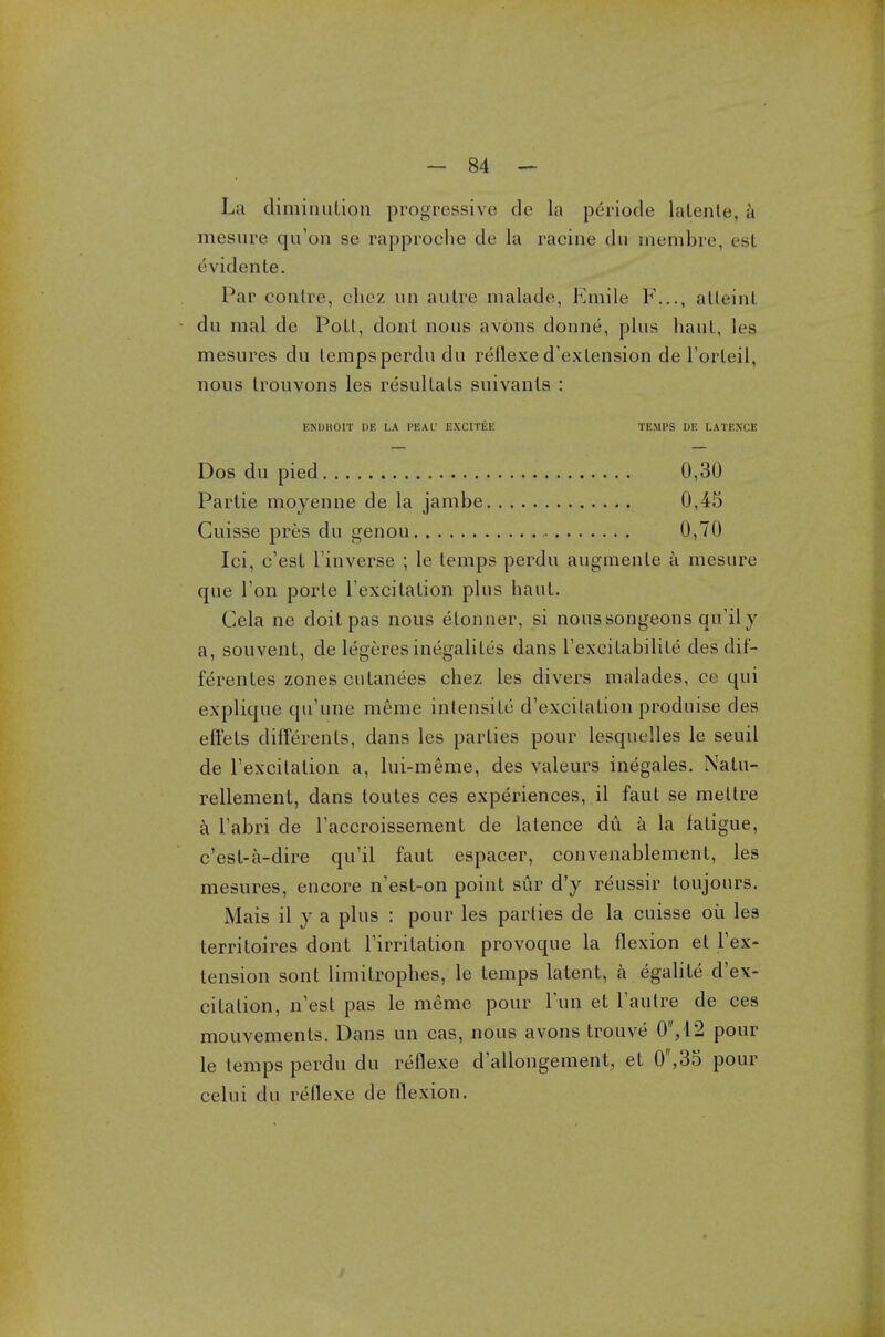 La diminution progressive de la periode latente, h mesure qu'on se rapproclie de la racine du membre, esl 6vidente. Par conlre, chez un autre malade, Emile F..., alleinl du mal de Poll, dont nous avons donne, plus haul, les mesures du temps perdu du reflexe d'exlension de l'orteil, nous trouvons les resultats suivanls : ENDHOIT DE LA PEAL' EXCITEE TEMPS DE LATEXCE Dos du pied 0,30 Partie moyenne de la jambe 0,45 Cuisse pres du genou 0,70 Ici, c'est Tinverse ; le temps perdu augmenle a mesure que Ton porte l'excitation plus haut. Cela ne doit pas nous etonner, si noussongeons qu'ily a, souvent, de legeres inegaliles dans 1'excitability des dif'- ferentes zones cutanees chez les divers malades, ce qui explique qu'une meme intensite d'excitation produise des efi'ets differents, dans les parties pour lesquelles le seuil de l'excitation a, lui-meme, des valeurs inegales. Natu- rellement, dans toutes ces experiences, il faut se meltre a Tabri de Taccroissement de latence du a la fatigue, c'est-a-dire qu'il faut espacer, convenablement, les mesures, encore n'est-on point sur d'y reussir toujours. Mais il y a plus : pour les parlies de la cuisse oil les territoires dont l'irritation provoque la flexion et l'ex- tension sont limitrophes, le temps latent, a egalite d'ex- citation, n'est pas le meme pour Tun et l'aulre de ces mouvemenls. Dans un cas, nous avons trouve 0,12 pour le lemps perdu du reflexe d'allongement, et 0,35 pour celui du reflexe de flexion.